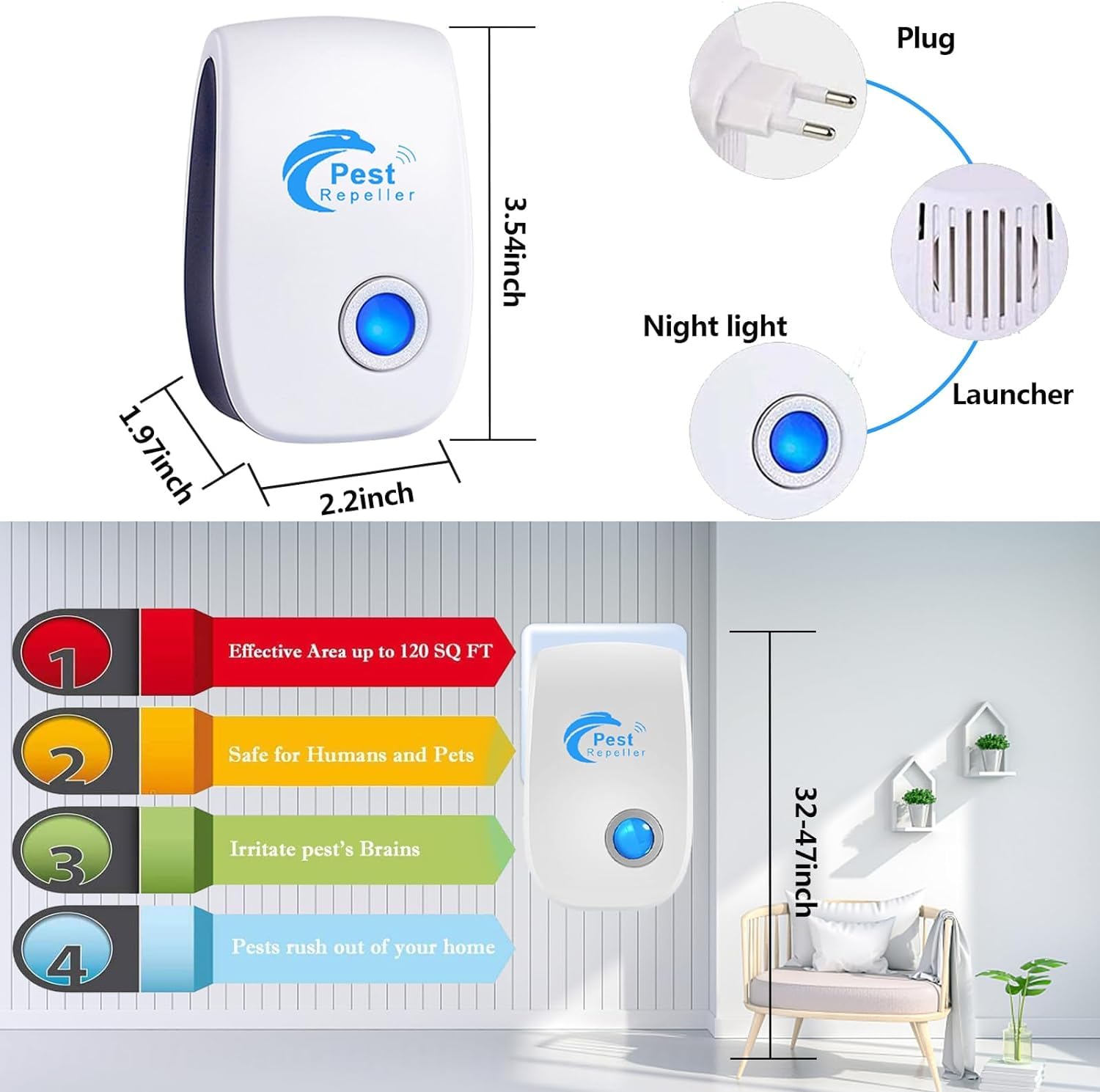 Repelente Ultrasónico de Plagas, 4 Pack Electrónico Repelente Mosquitos Insectos Control de Plagas,Repelente Ultrasónico Ratas para Interiores Anti Cucarachas, Moscas, Mosquitos, Ratones, Arañas - 5