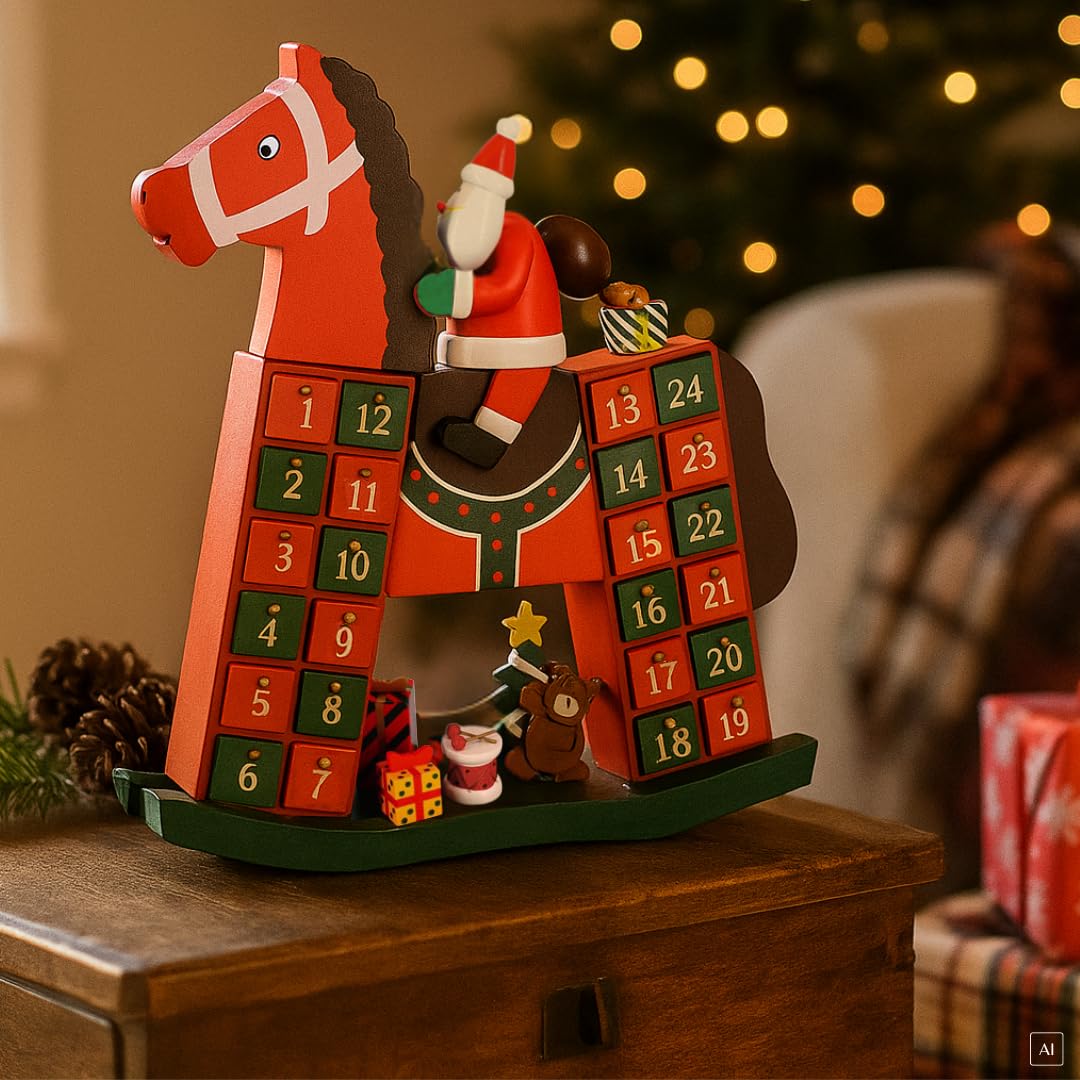 ABC Home Living Decorazione Natalizia Calendario dell'Avvento Cavallo a Dondolo & Babbo Natale 24 Scomparti/cassetti, Legno, Rosso/Verde, ca. 9 cm T x 36,5 cm B x 40 cm H