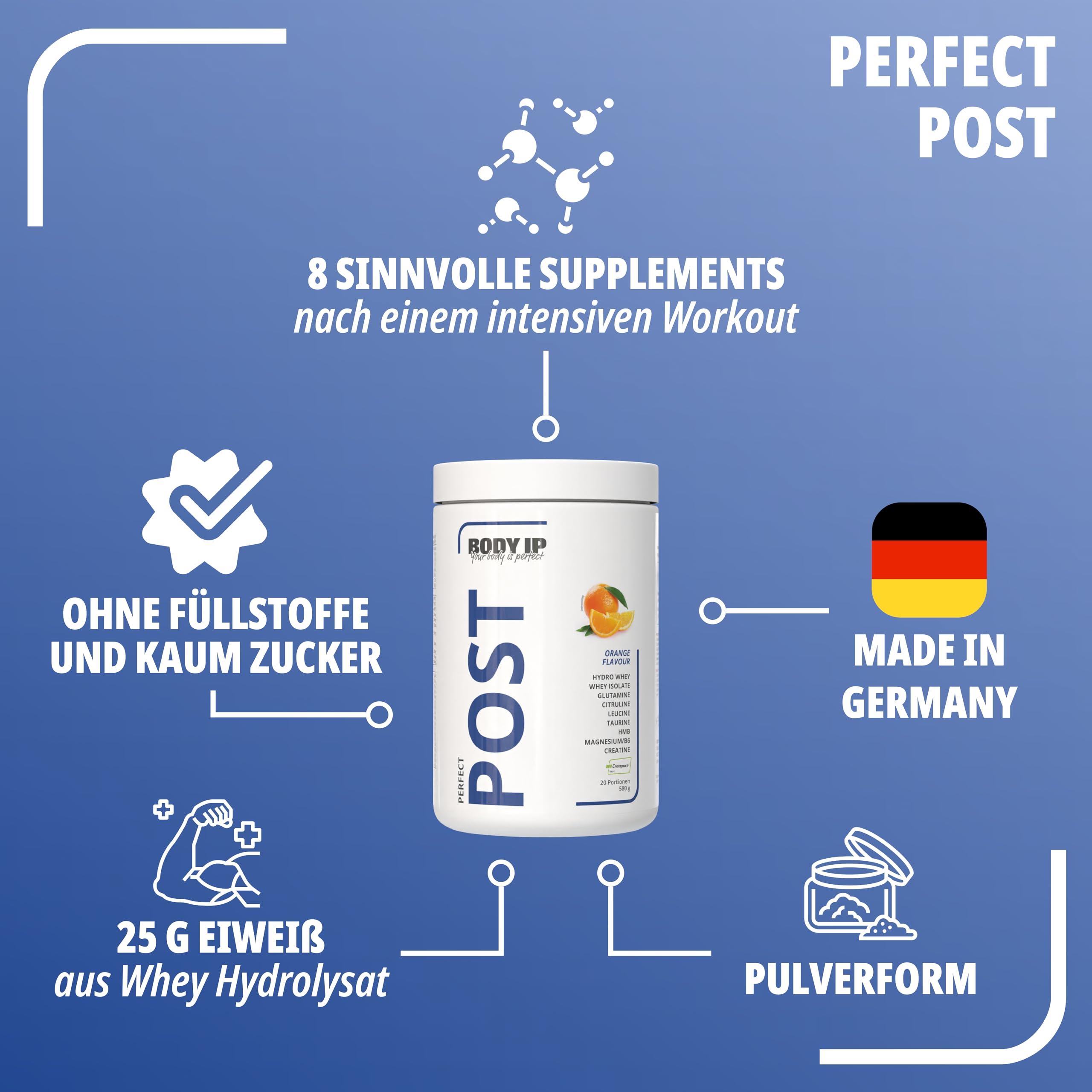 BODY IP Perfect Post 2.0 | Orange | Post Workout Shake 580g | Enthält EAAs, Glutamin, Leucine, Citrullin, Taurin, HMB, Magnesium & Vitamin B6 und 3,4g Creatine Monohydrat pro Portion