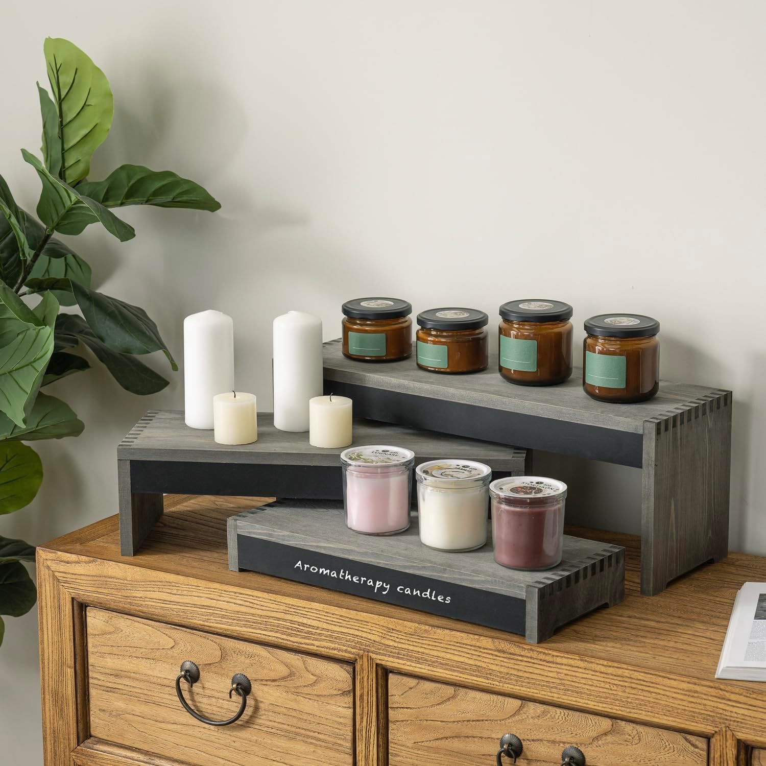 MyGift 3 Tier Wooden Display Risers, Cupcake Stand with Chalkboard Label Panels, 21 Inch Tabletop Nesting Dessert Stands, Gray Wood Retail and Merchandise Jewelry Perfume Candle Organizer Shelf