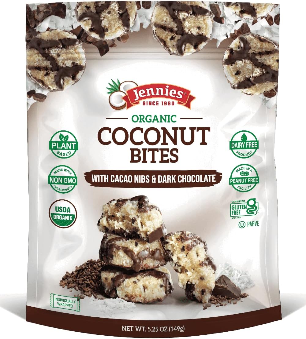 Jennies Organic Coconut Bites with Cacao Nibs and Dark Chocolate, 5.25oz | Gluten Free | Peanut Free | Dairy Free | Non GMO