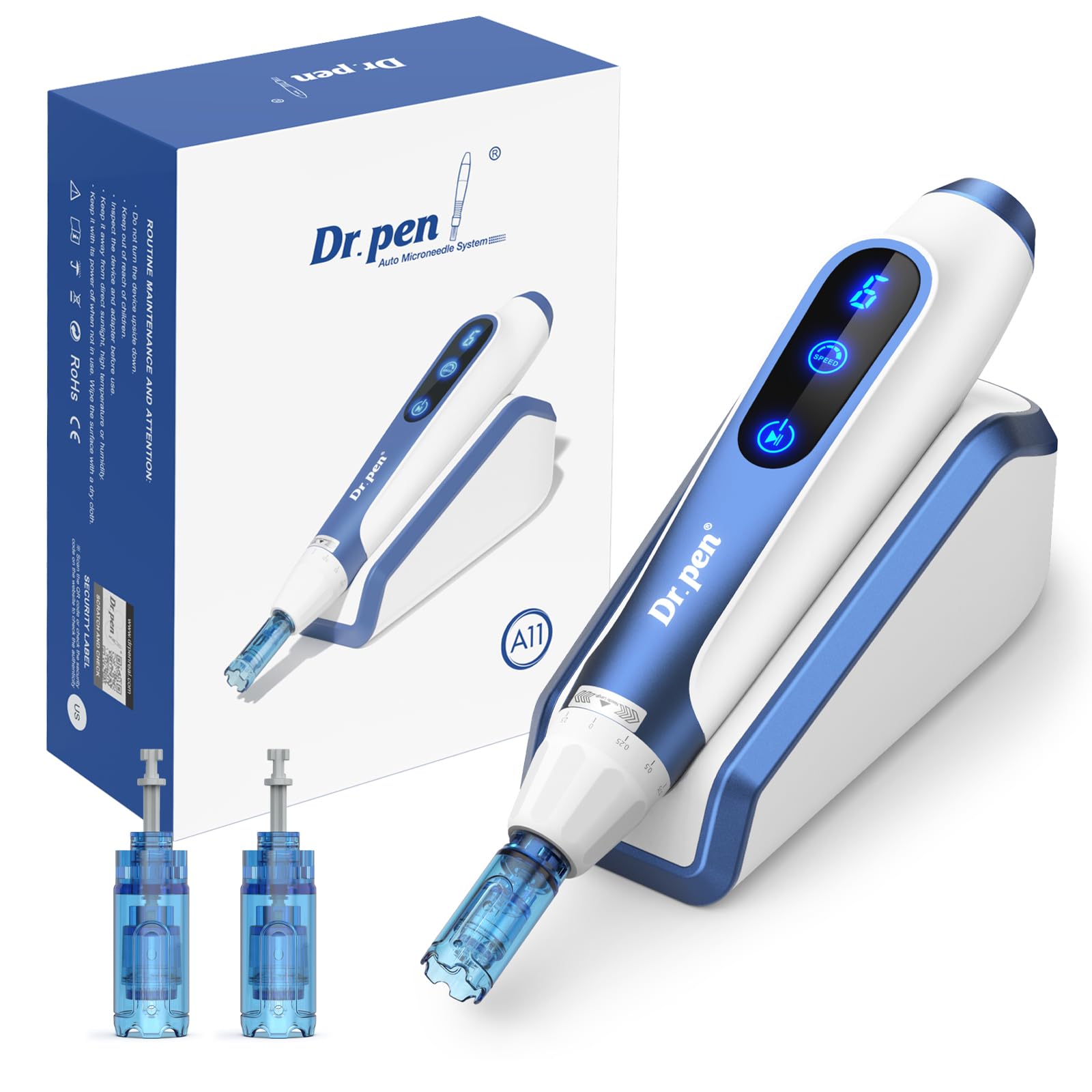 Dr. Pen A11 Microneedling Pen — Original kabelloses Microneedling Gerät mit Induktionsbasis & 6 Geschwindigkeiten, geeignet für Gesicht, Körper & Haarpflege – 2 Patronen