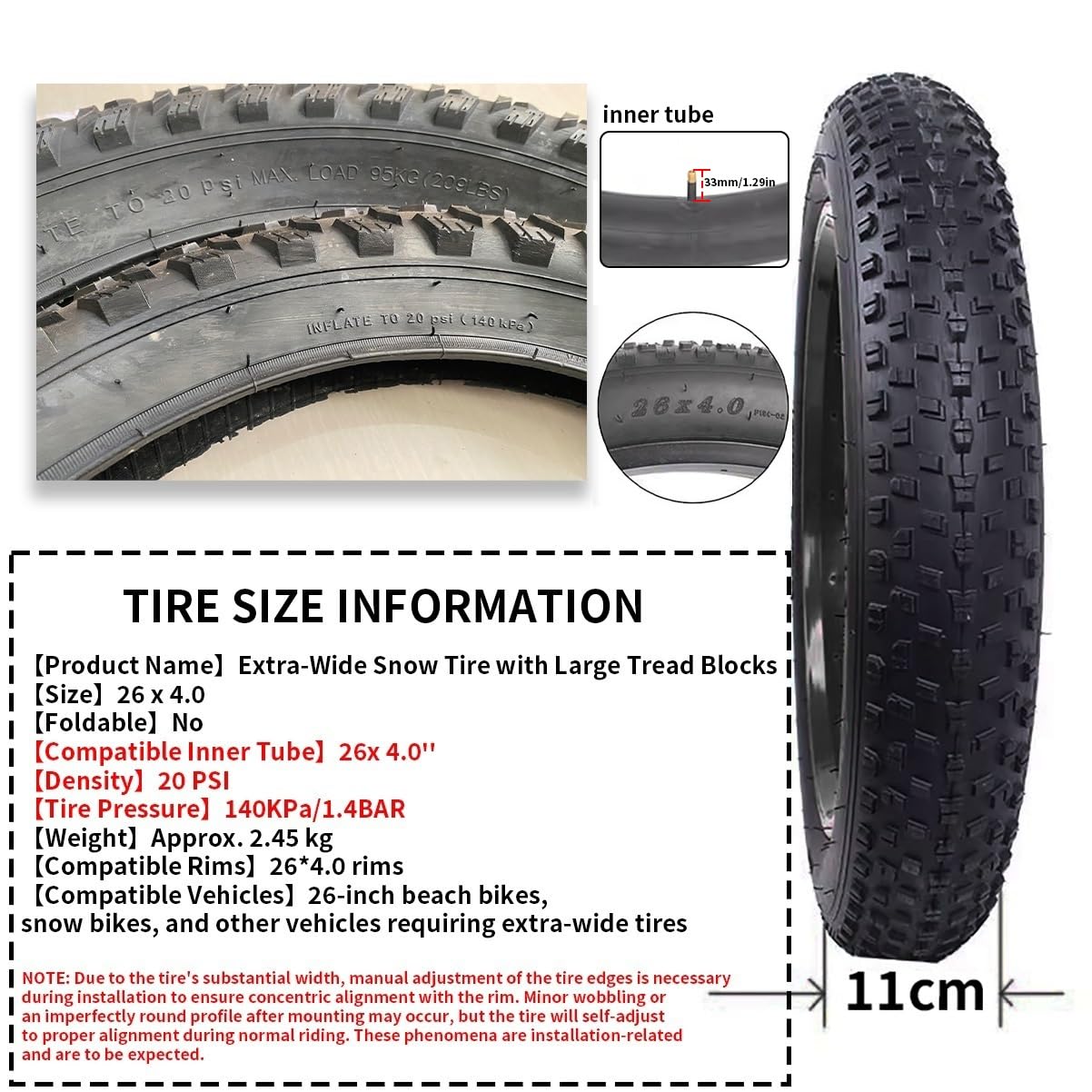 Koła rowerowe śnieżne z hamulcem tarczowym 20/26x4,0", grube przednie i tylne koła z oponami i komorami powietrznymi, piasty 135 mm/195 mm 36 otworów na wolne koło obrotowe 7/8/9/10"
