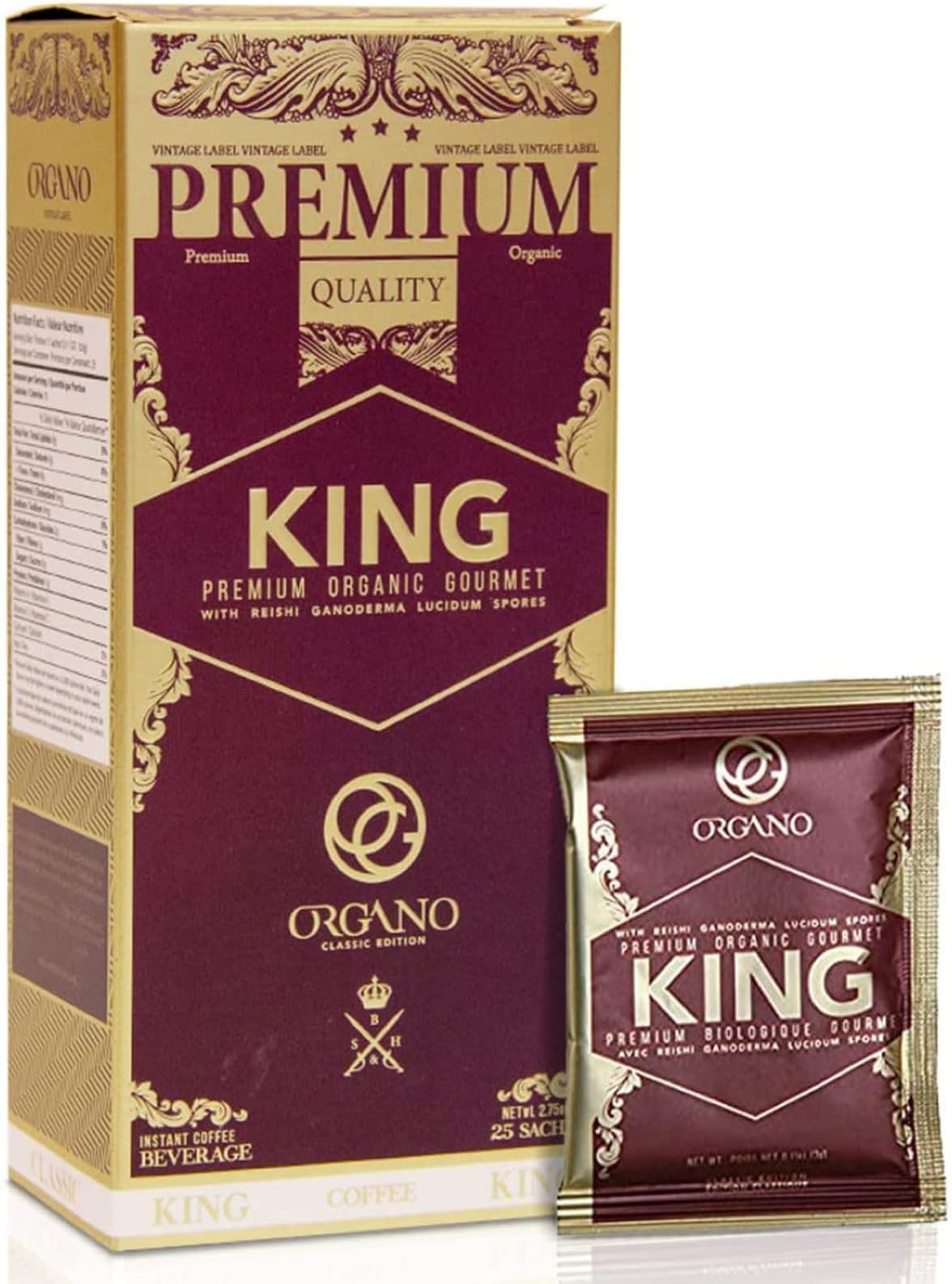 Organo Gold King Of Coffee Organic Premium Ganoderma Lucidum U.S.A. Packaging (1 Box)