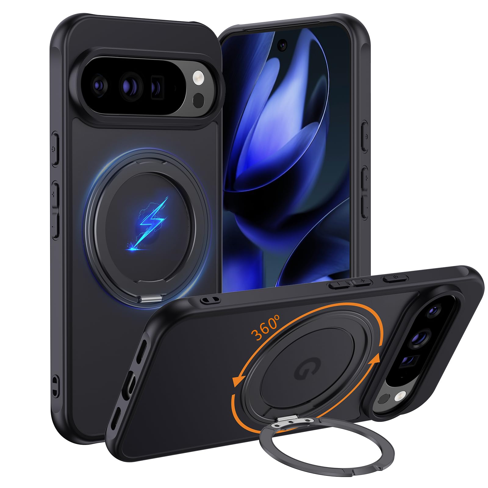 KWLZBFU Google Pixel 10 / 10 Pro ケース MagSafe対応 【定点360度回転スタンド】 縦横両対応 半透明 マット感 マグネット搭載 黄変防止 滑り止め 耐衝撃 傷防止 グーグルピクセル10 ケース 6.3インチ（ブラック）