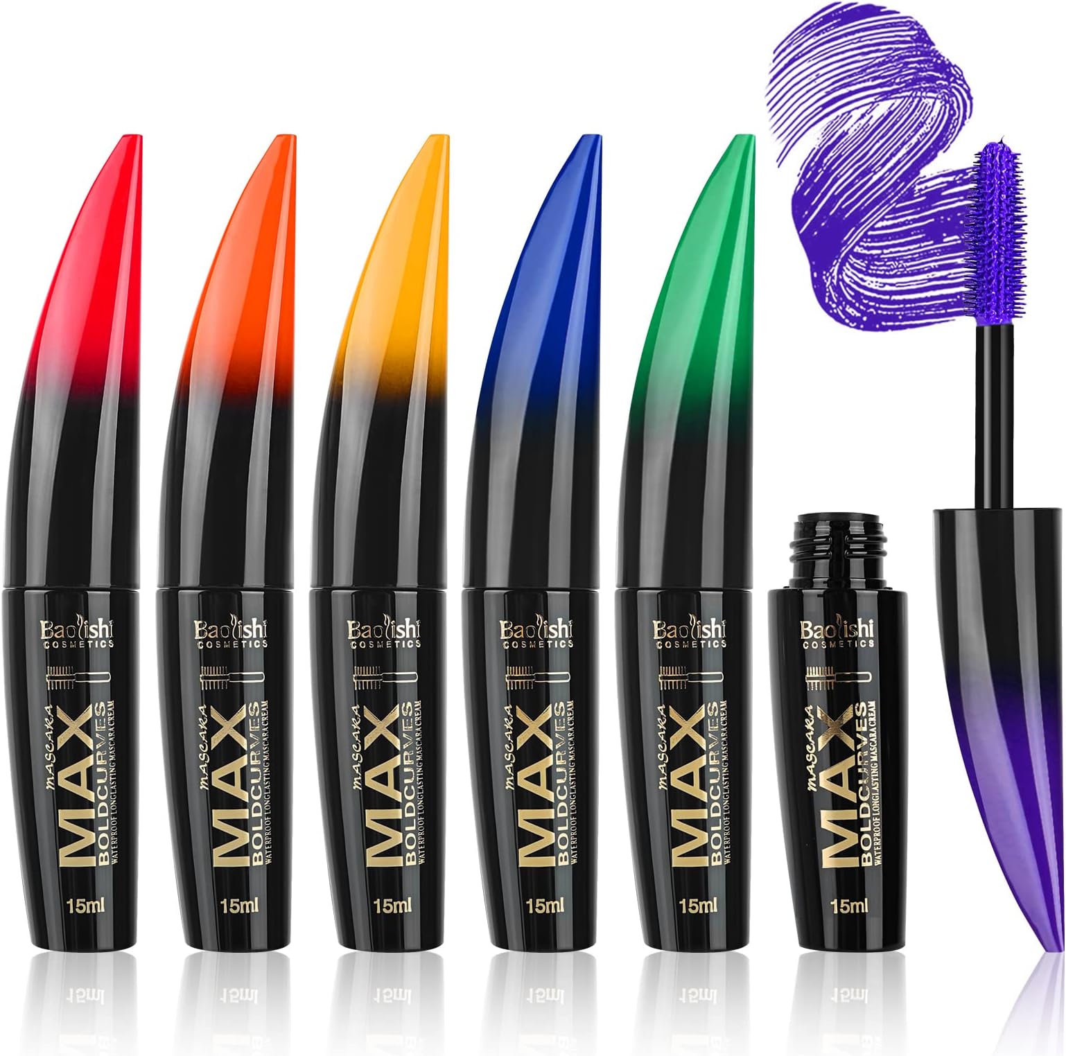 6pcs Rainbow Colour Waterproof Mascara 4D Fiber Lash Long Lasting Thick Mascara Volume Eye Lash Halloween Xmas Make Up Gift for Women Girls