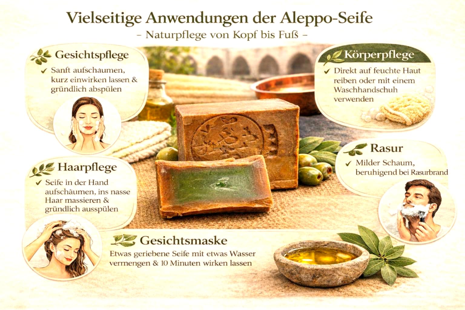 Klassische Aleppo Seife, Olivenöl, Handgemacht, Natürlich, Vegan, Parfümfrei, für Gesicht und Körper (5X 50% Lorbeeröl & 50% Olivenöl Aleppo Seife)