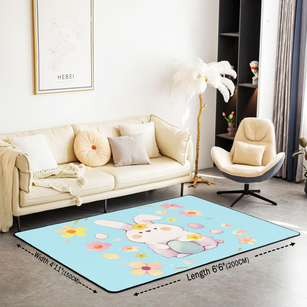 Homewish Alfombra de área Happy Easter de 150 x 200 cm, diseño de conejo con estampado de animales, para sala de estar, flores de huevo, no se desprende, alfombra grande