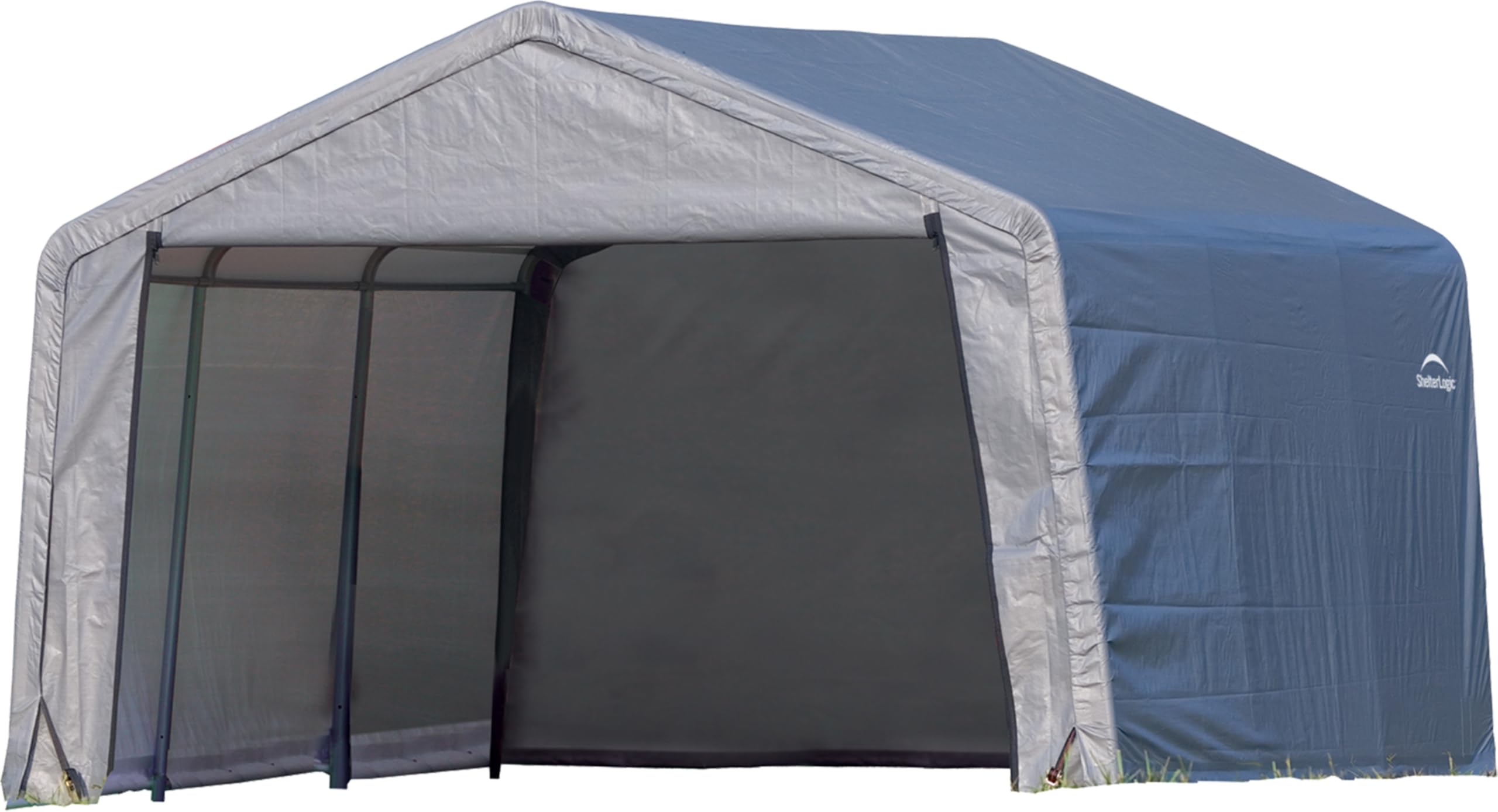 Photo 1 of ShelterLogic Shed-in-a-Box All Season Steel Metal Peak Roof Outdoor Storage Shed with Waterproof Cover and Heavy Duty Reusable Auger Anchors 12' x 12'