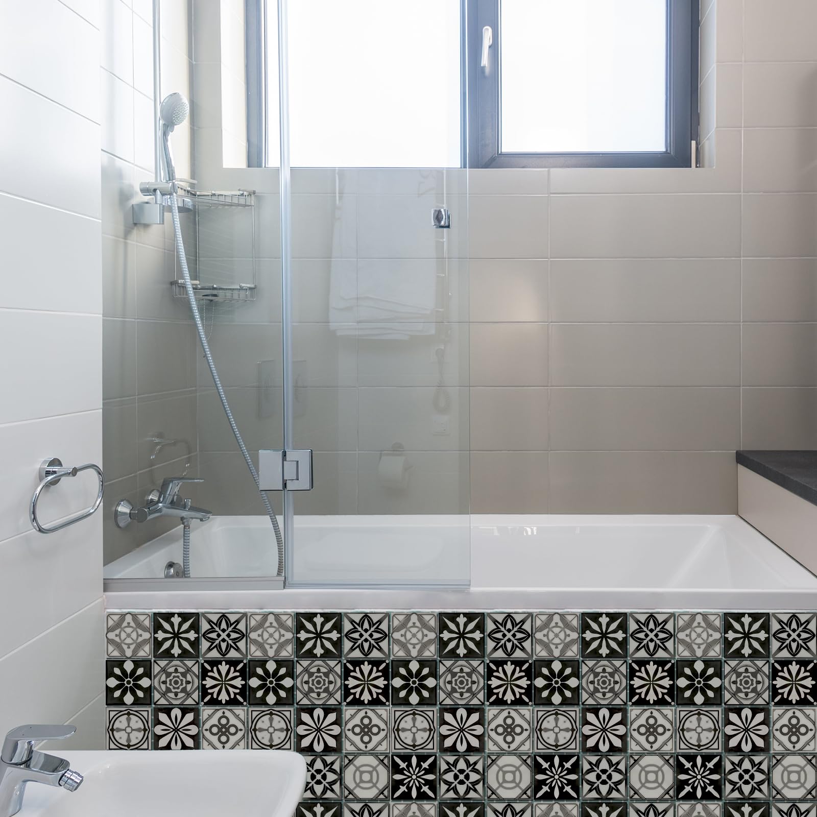 CHGCRAFT 36pcs 12 Styles Blue Cyan Square With Flower Pattern Stick Wallpaper Stick On Wallpaper Self Adhesive Tile Stickers Used For Kitchen Bathroom Wall Fireplace And Floor Decoration 3.9x3.9inch