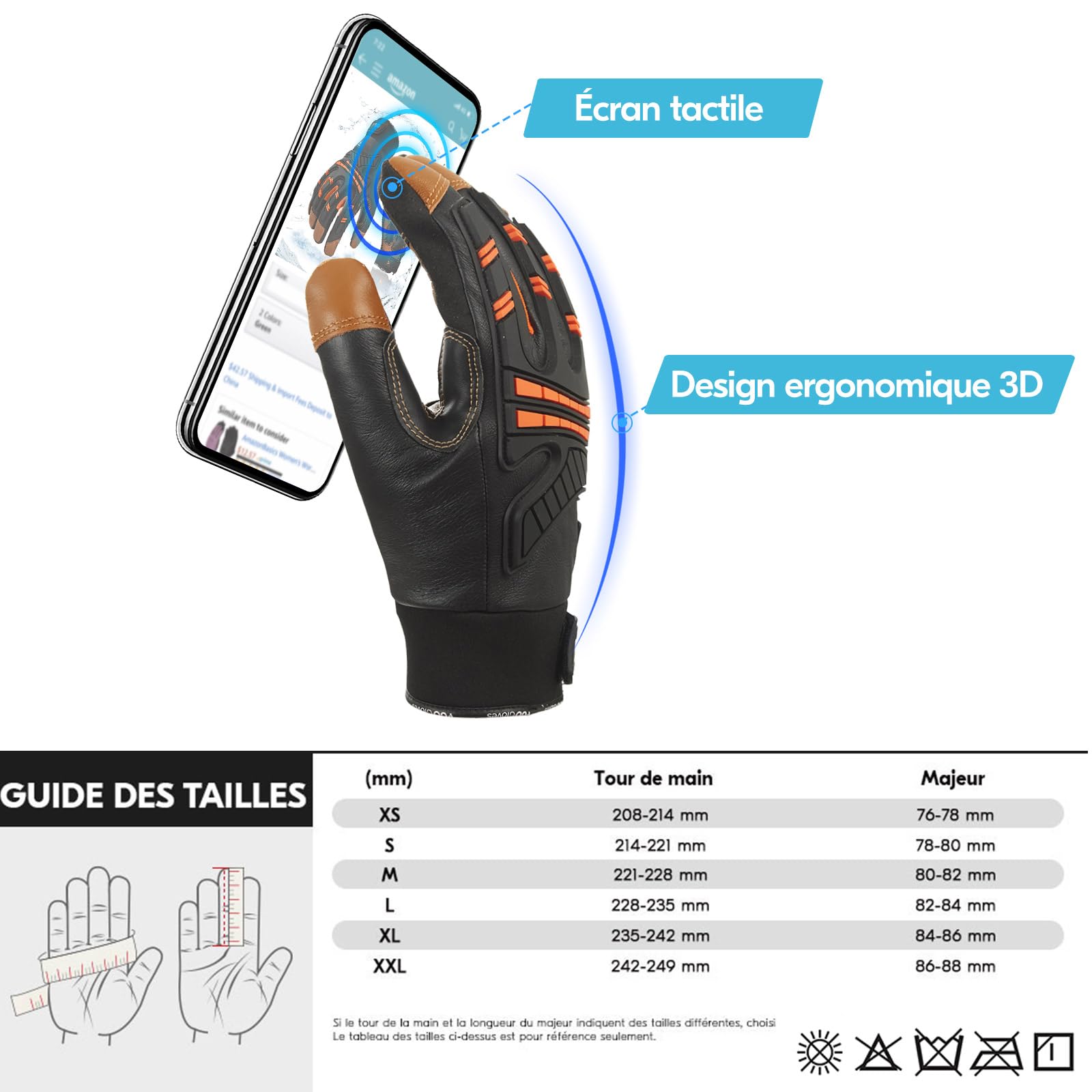 Vgo...-20 °C gants d'hiver en cuir de chèvre intégral doublés(GA8954FW,L) | Orange,isolation C100,-20 °C et plus,Doublure résistante à l'eau,écran tactile,doux,construction,extérieur,ferme,conduite