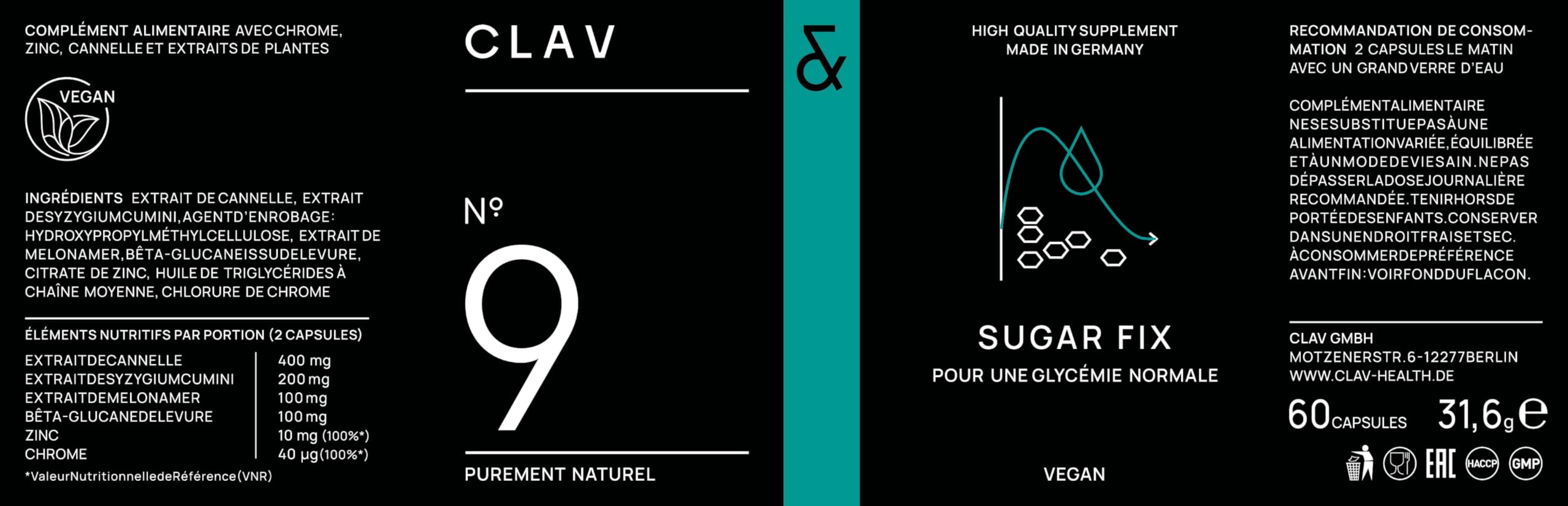 N°9 SUGAR FIX | Pour Contrôle Naturel de Glycémie et Métabolisme Glucidique | Couvre les Besoins Quotidiens en Chrome et en Zinc | 400mg de Cannelle + Syzygium Cumini + Melon amer | 60 Gélules Vegan