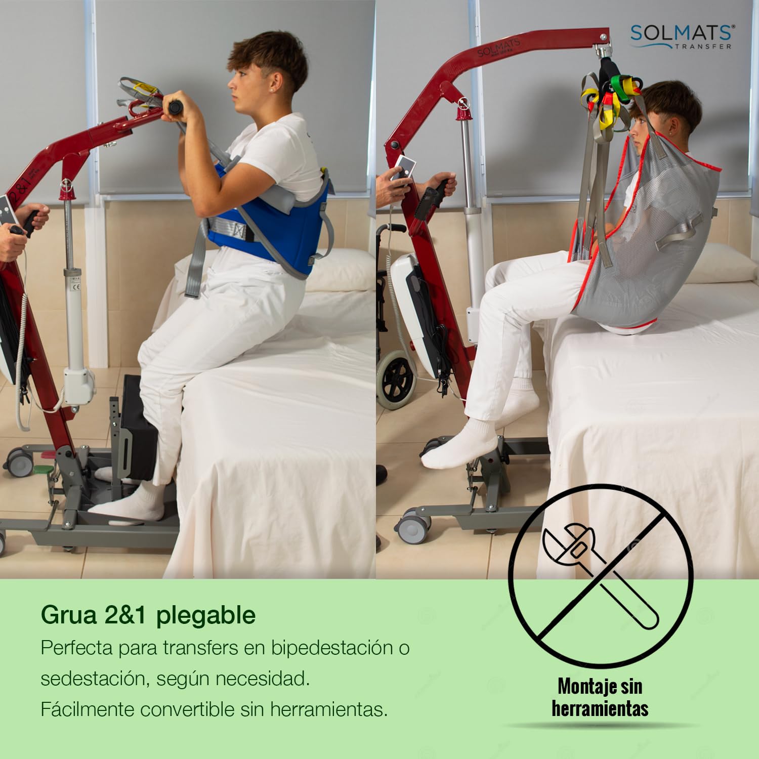 Grúa enfermos, Grúa para personas mayores, Grúa electrica, 150 KG, Solmats Grúa dúo, Grúa dos en uno, Personas Mayores, Dos arneses incluidos, Fabricado en España