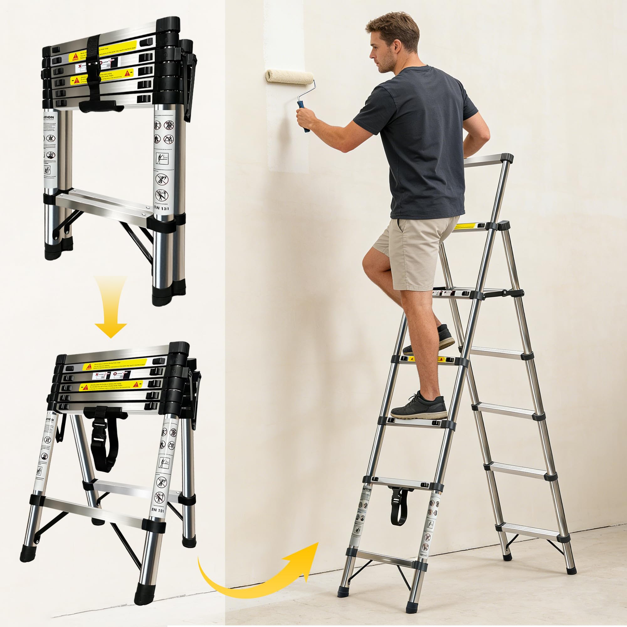 1.7+2m Escalera Plegable de Acero Inoxidable,Escalera 5+6 peldaños,Escalera TelescóPica Estructura en Forma de A,Escalera Extensible Bloqueo de Seguridad Carga máxima de 150 kg