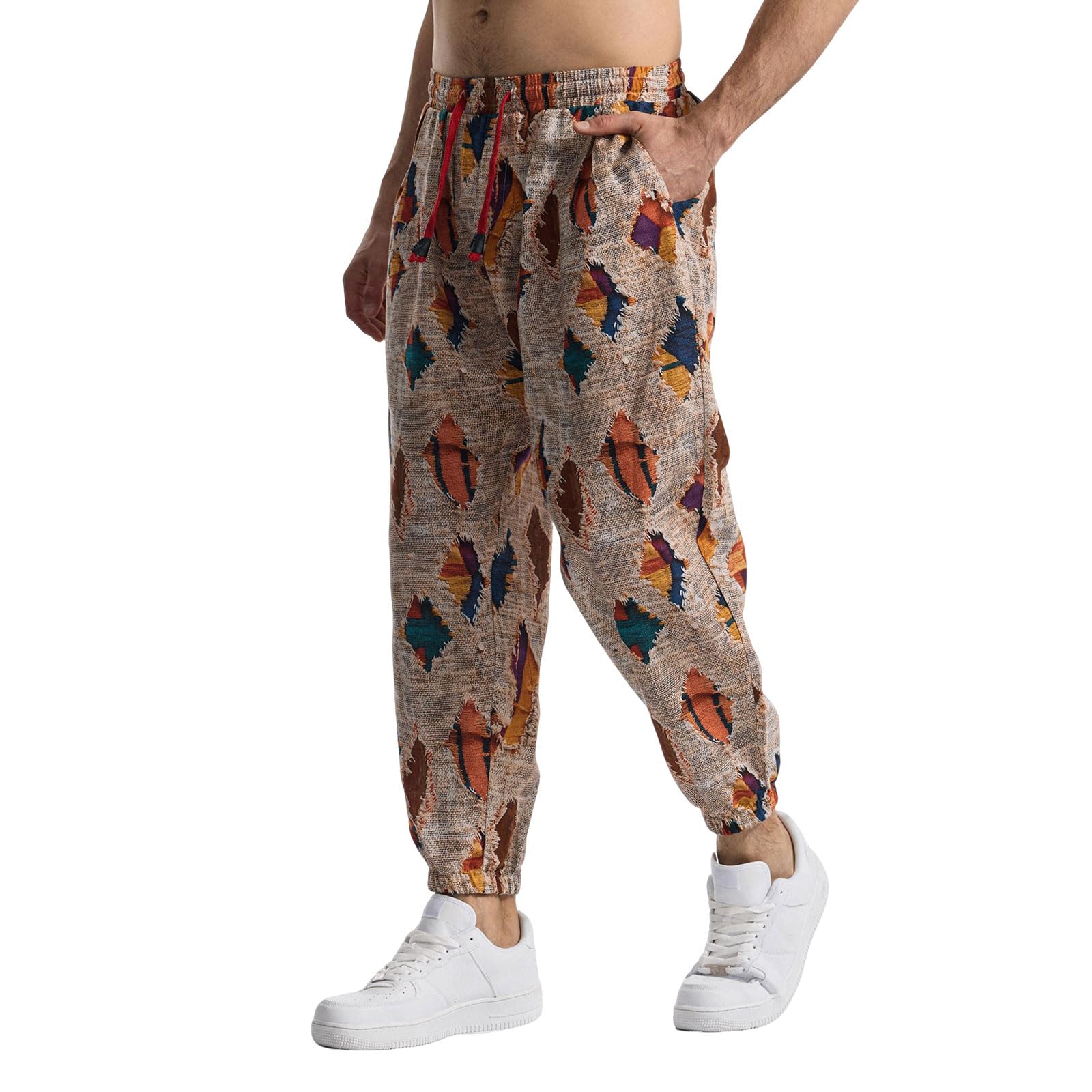 MakingDa Pantalon de survêtement en coton imprimé 3D pour homme - Taille élastique - Hippie Bloomers - Pantalon cargo pour la plage, la marche, la course à pied, le jogging