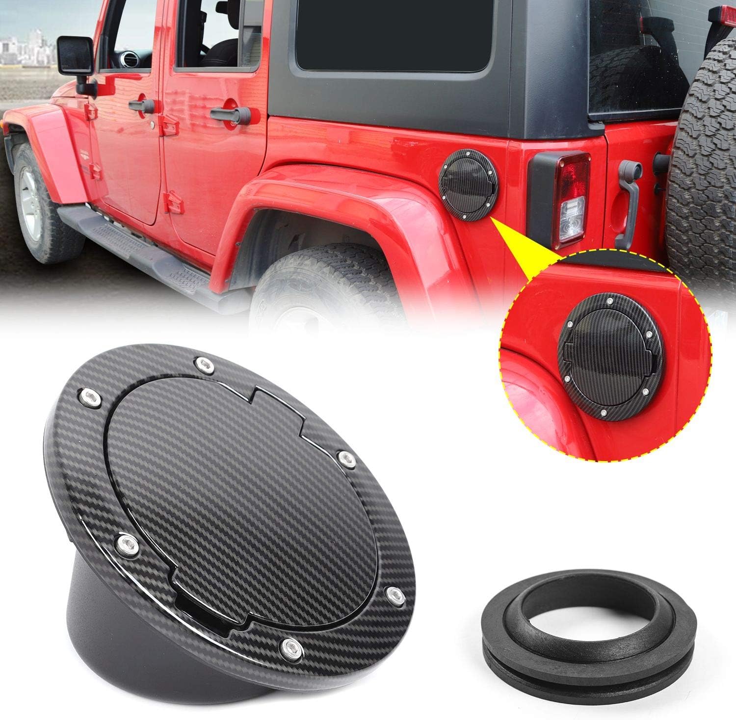 JeCar Fuel Door Cover Aluminum Alloy Gas Cap Cover Exterior Accessories for 2007-2018 Jeep Wrangler JK & Unlimited, Carbon Fiber Texture