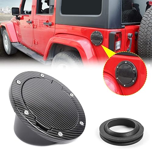 JeCar Cubierta de puerta de combustible de aleación de aluminio, accesorios exteriores para Jeep Wrangler JK 2007-2018 y ilimitado, textura de fibra