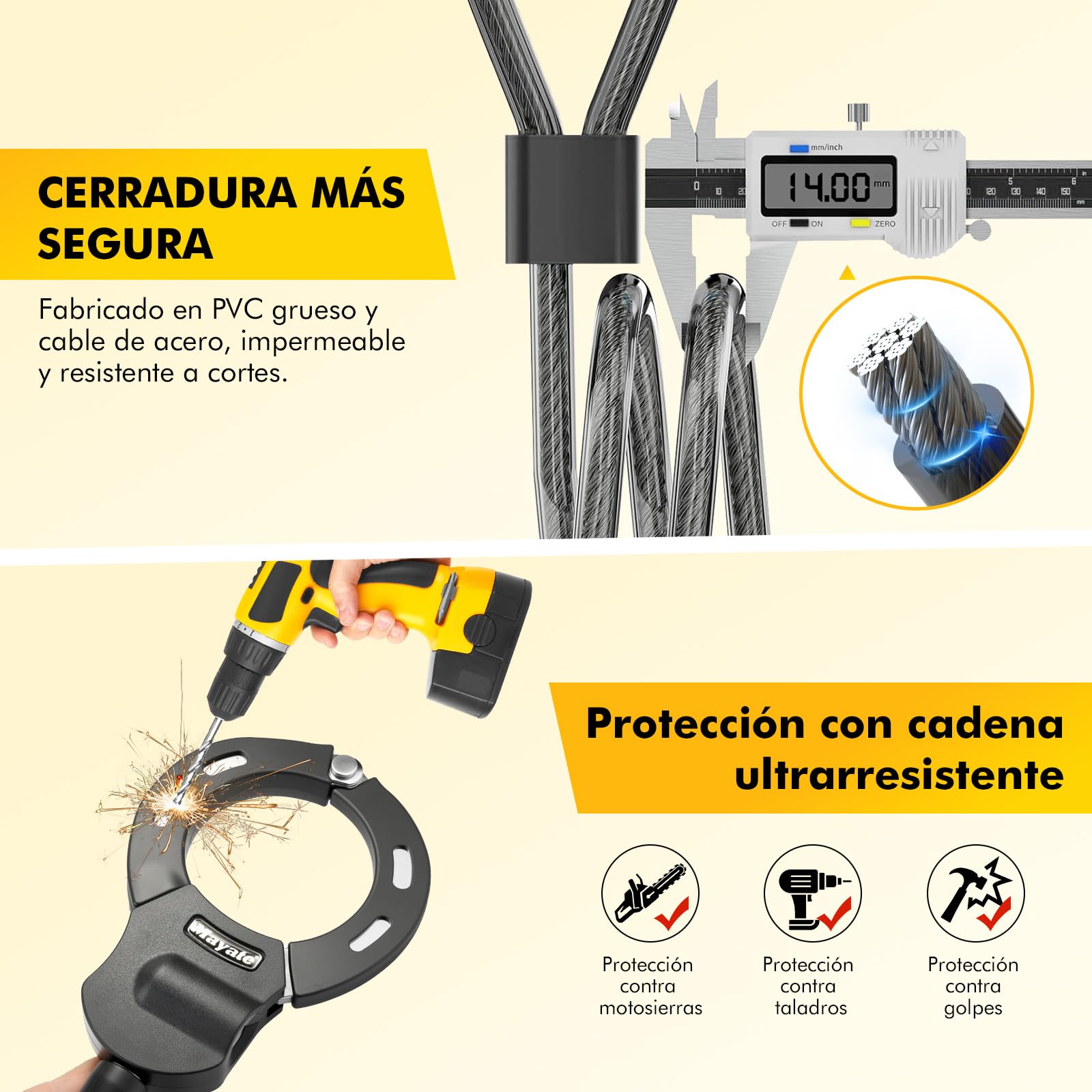 Candado Bicicleta Antirrobo, iWarmbase Candado Patinete Electrico, 120 cm/14 mm para Bicicletas Eléctricas, Antirrobo Para Bici, para Scooters/Patinete Eléctricas/Bicicletas