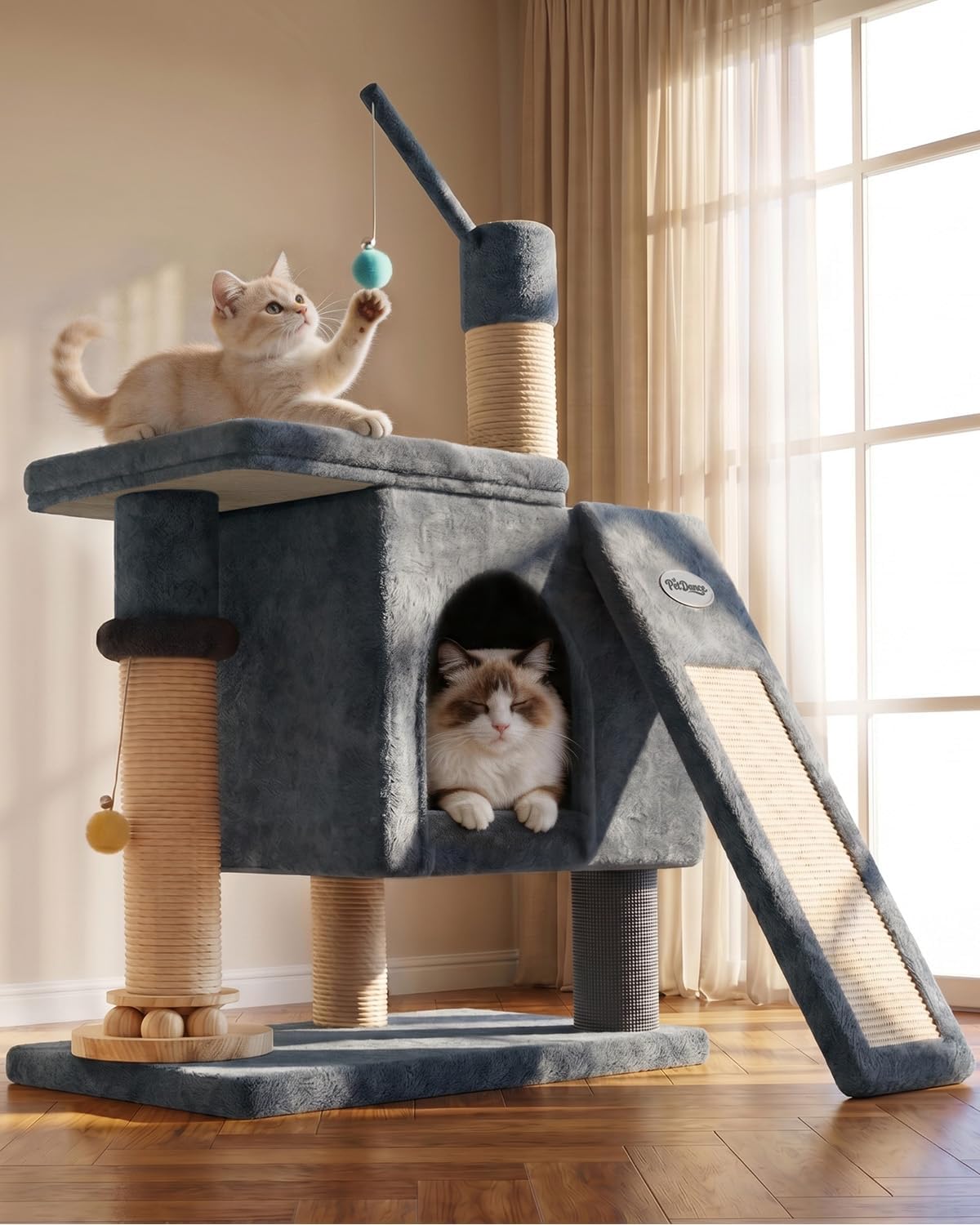 【Ultimate Playhouse】 PetDance【FAS Premium Board】 Cat Tree Tower with Multiple Fun:Interactive Track Ball Toy & Self-Grooming Brush for Indoor Cats & Kittens, Light Gray