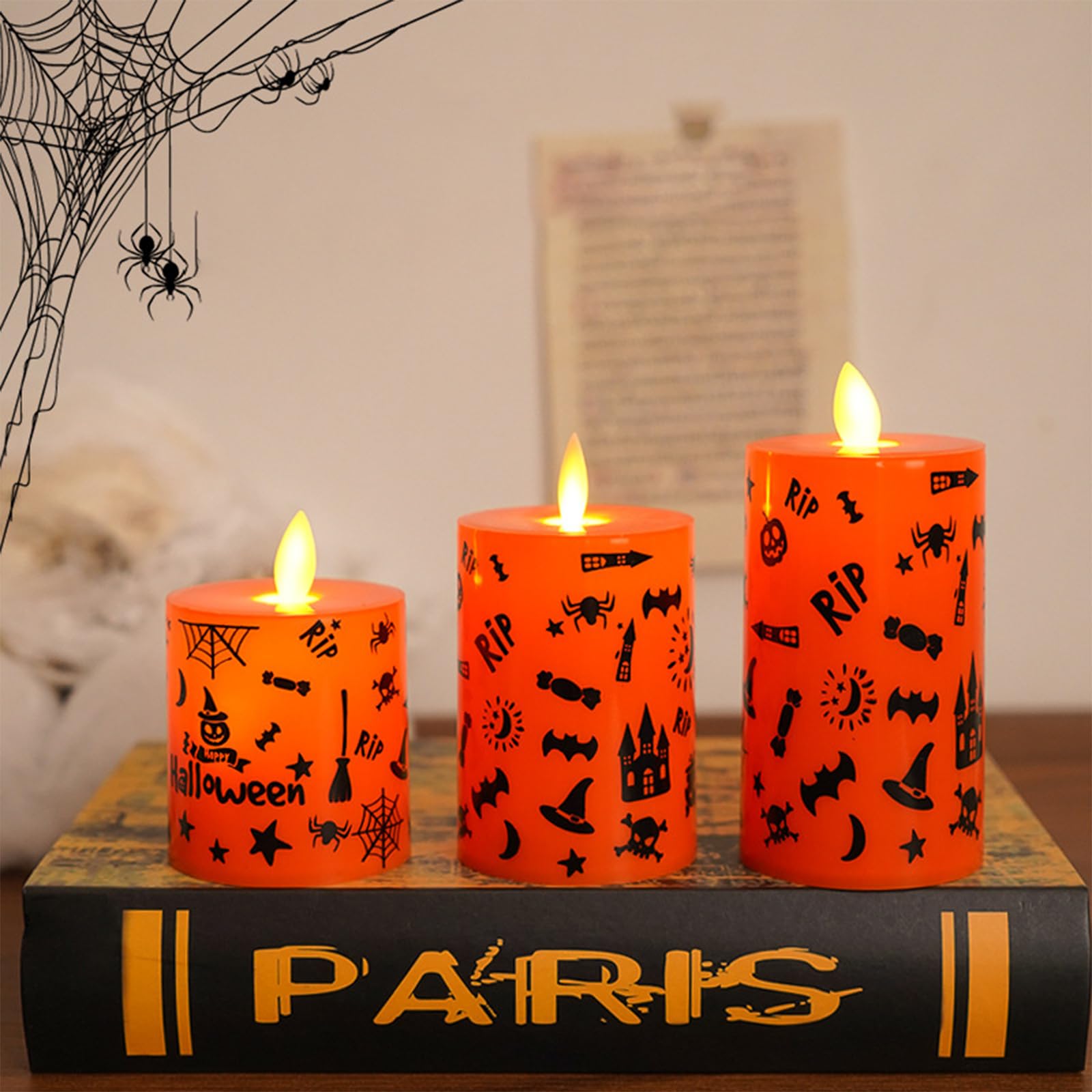 3 Pcs Halloween Orange Flameless Candles Battery Operated Wax Candles Graffiti Pattern Electronic Battery Light Flickering Flame LED Electronic Candle Light for Halloween Decor, Day of The Dead, S,M,L