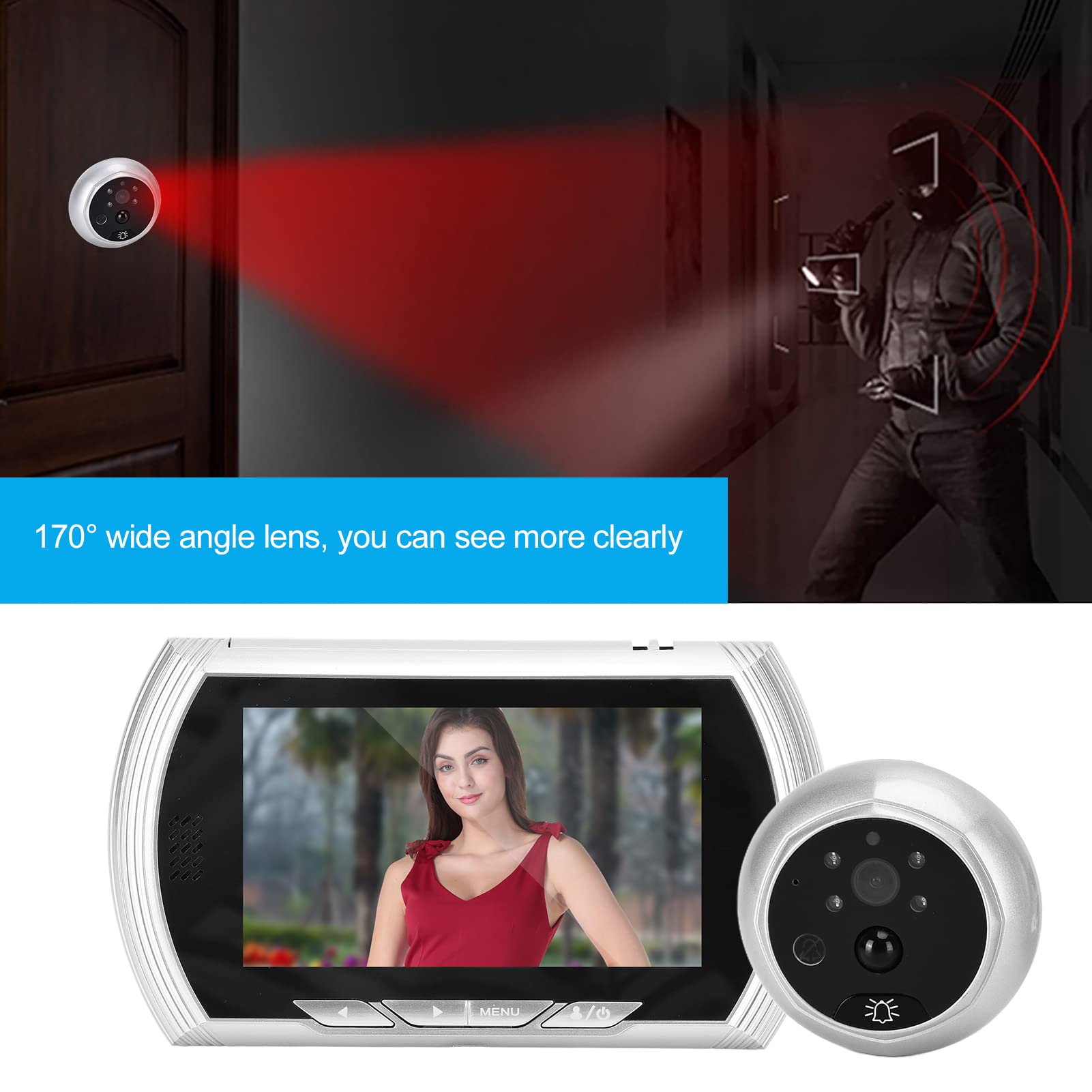 Campanello Video, Visualizzatore Campanello Spioncino, Schermo LCD TFT 4,5 Pollici Visualizzatore Digitale Porta con Visione Notturna Angolo 170° Rilevamento Movimento PIR per la Casa(D'argento)