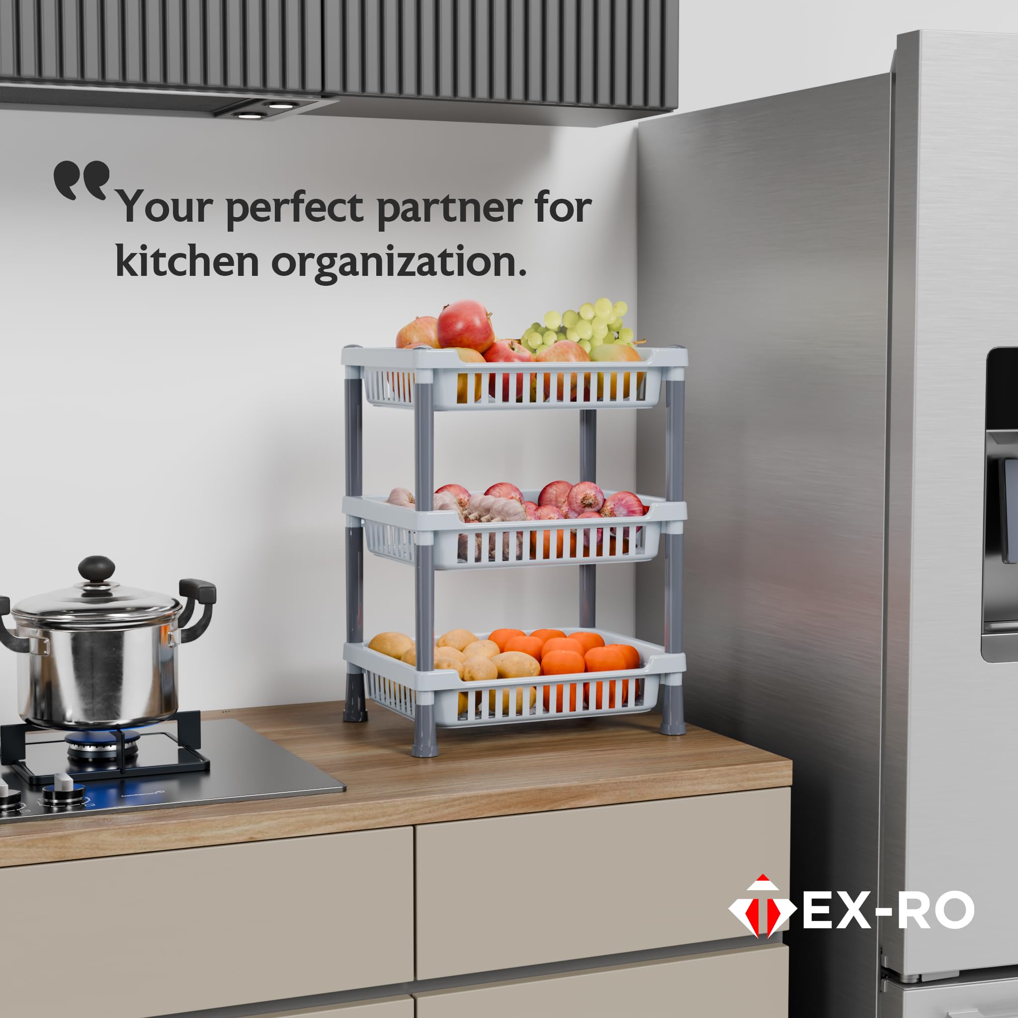 TEX-RO 3-Layer Kitchen Rack Stand/Multipurpose Rack for Storage/Vegetable Stand for Kitchen Storage Rack/Durable Kitchen Racks for Storage (Grey) - Image 9 thumbnail