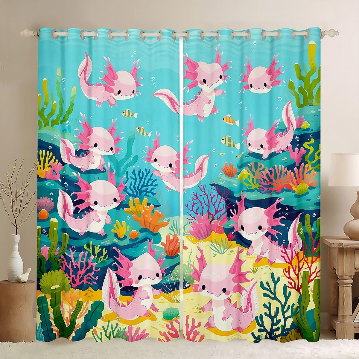 Homemissing Tende oscuranti Axolotl per camera da letto e soggiorno, motivo: salamandra, stile kawaii, oceano e vita marina, 2 pannelli, 167,6 x 228,6 cm, decorazione per la stanza