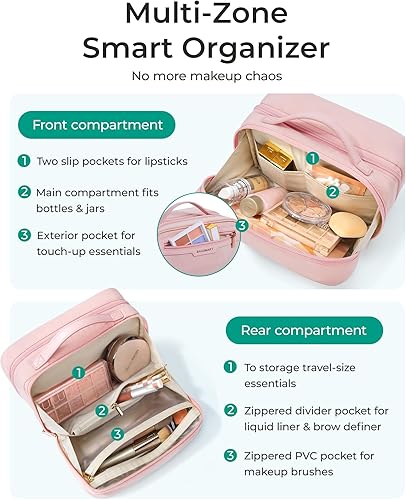 Miniatura 5 de BAGSMART Bolsa de maquillaje de viaje, bolsa de cosméticos, estuche organizador de maquillaje, Rosado, Bolsa cosmética de gran apertura del viaje