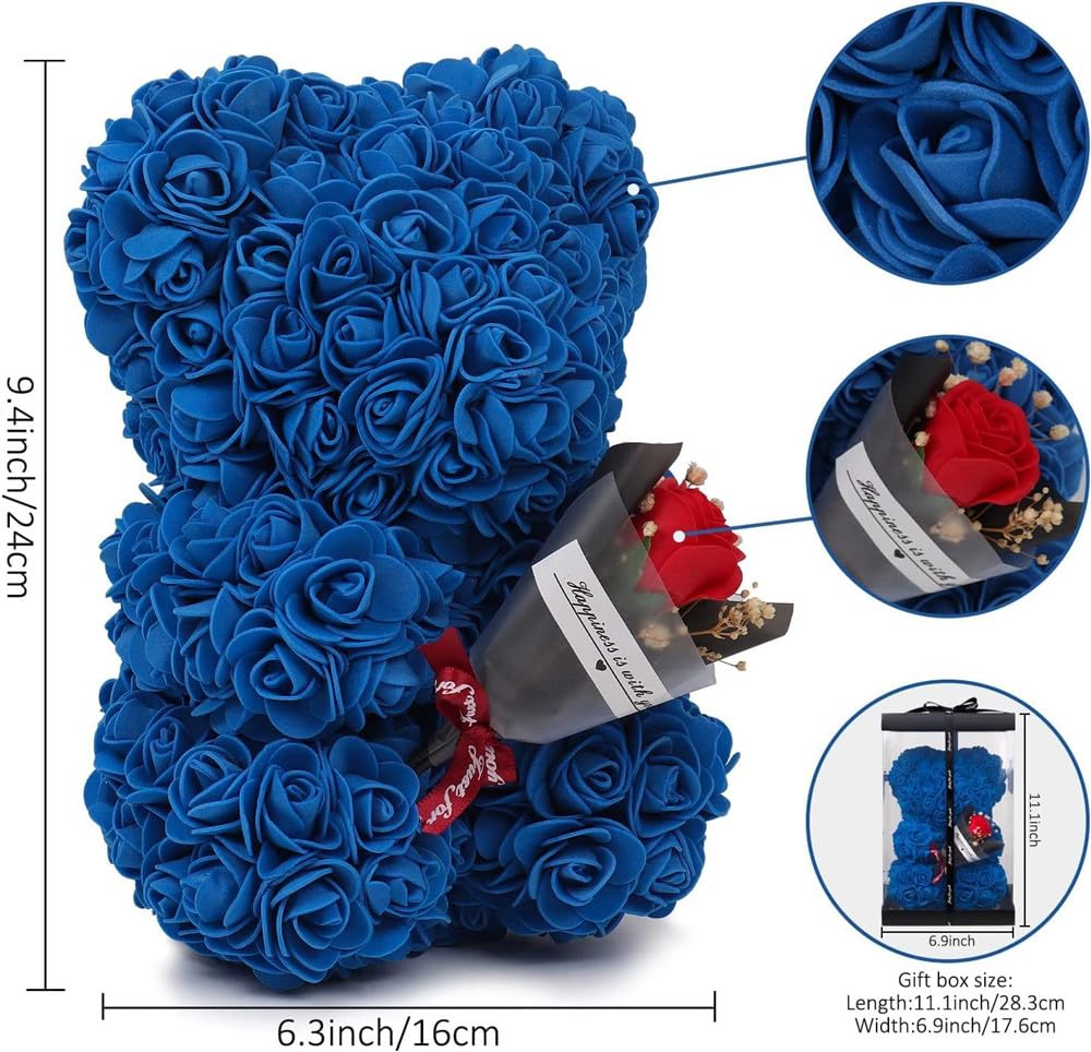 Ours en Fleurs Artificiel avec Bouquet de Roses, idéal pour Femmes, amies, Filles, Mamans et Grands-mères (Rouge)