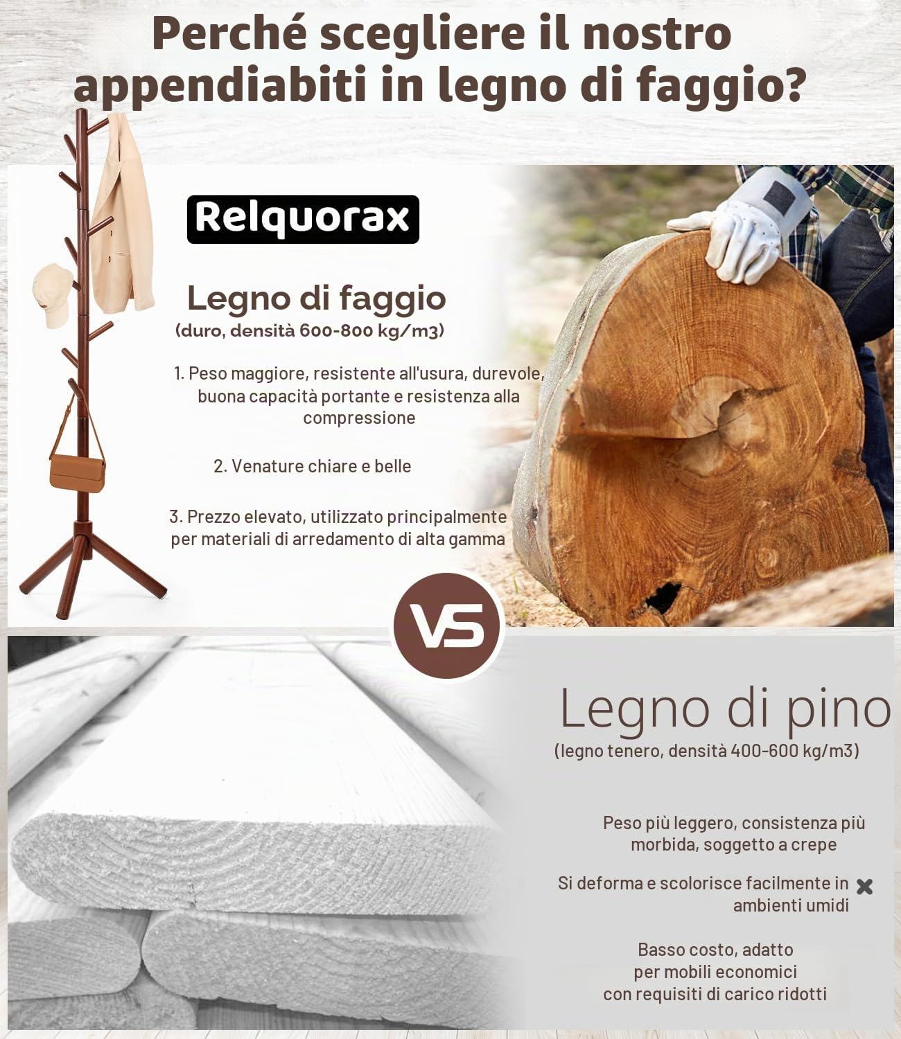 Appendiabiti in legno di faggio, supporto per giacche, appendiabiti, a forma di albero con 9 ganci, 3 regolazioni di altezza, supporto per vestiti, cappelli, sciarpe, borse (marrone)