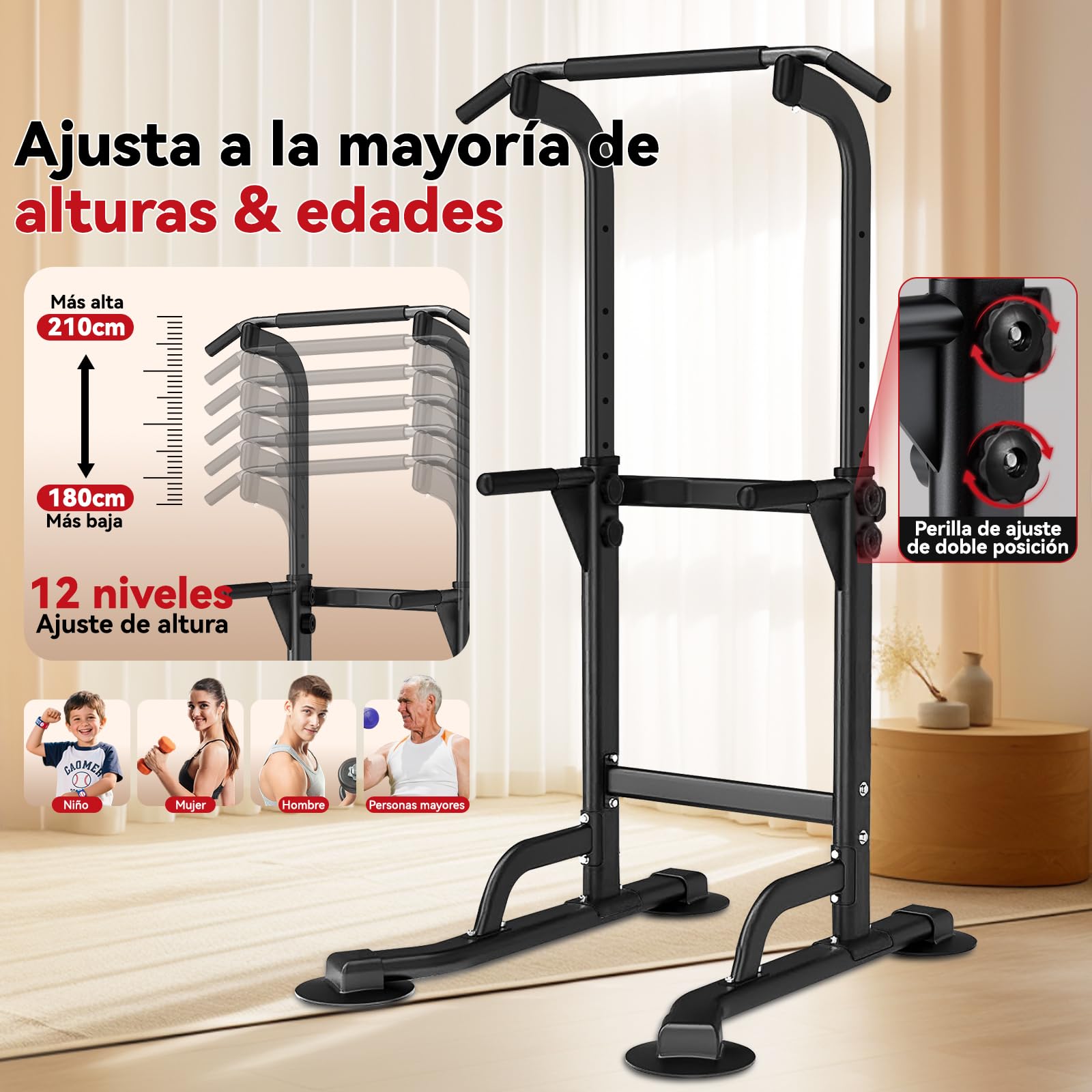 WATBKHE Power Tower, Barra de Dominadas con Estación de Fondos | Estación 4 en 1 para dominadas, fondos, flexiones y elevaciones de rodillas, ajustable en 12 alturas, con base en H, 120kg