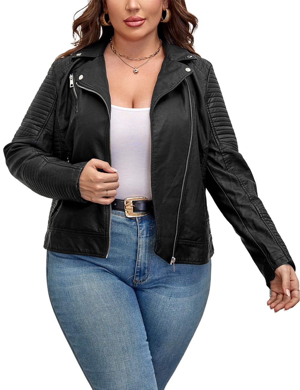 Geschallino Veste en Cuir PU Grande Taille pour Femme Courte Automne Moto Manteau avec Poches (XL-5XL)
