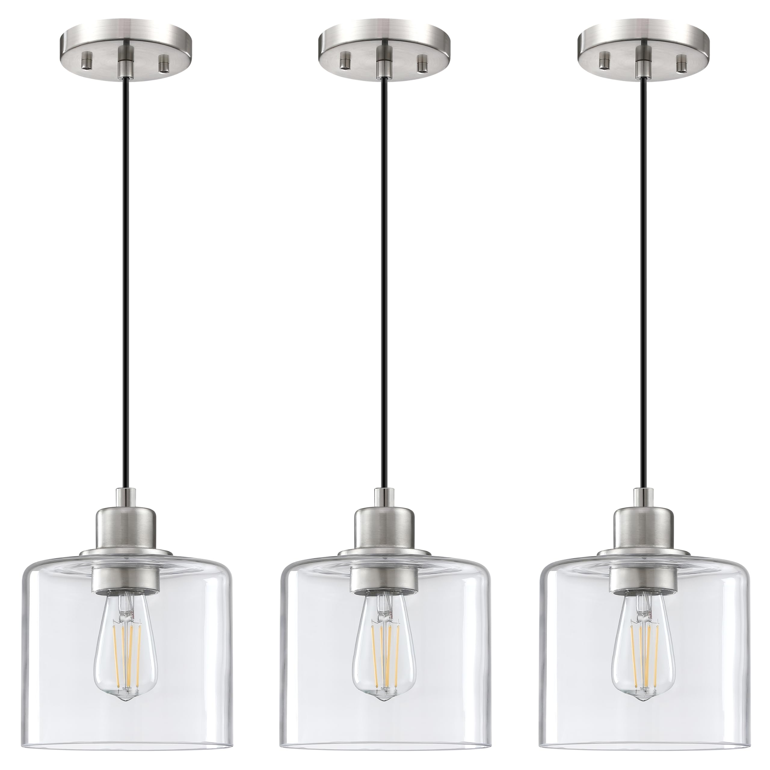 3 Pack Single Vintage Hanging Pendant Light Brushed Nickel Finish 6.1 Inches Handblown Clear Glass Classic for Farmhouse Entryway Dining Room Kitchen Island Foyer