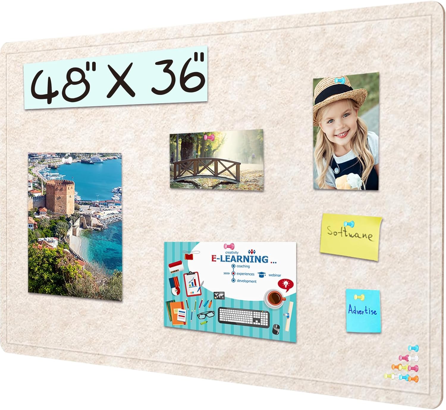 Large Bulletin Board - 48 X 36 inches Felt Board Notice Pin Board,4' x 3' Cork Board Alternative for Wall, Self-Adhesive Vision Board Mood Board Foldable Photo Board with 30 Pushpin-Oatmeal
