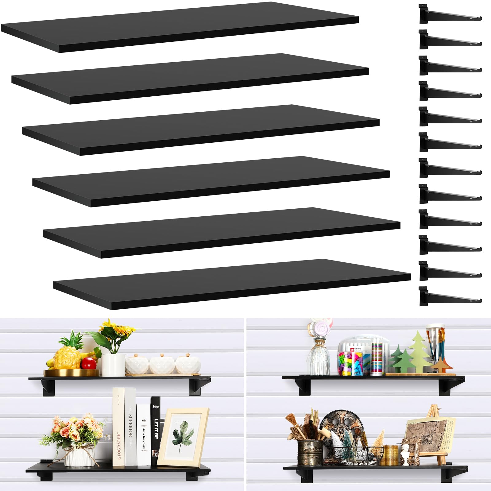 Barydat Slatwall Regale mit Metallhalterungen, robuste Lamellenwand, Messer-Regal, Zubehör, Wand-Organizer für Garage und Einzelhandel, schwarz, 6 Sets