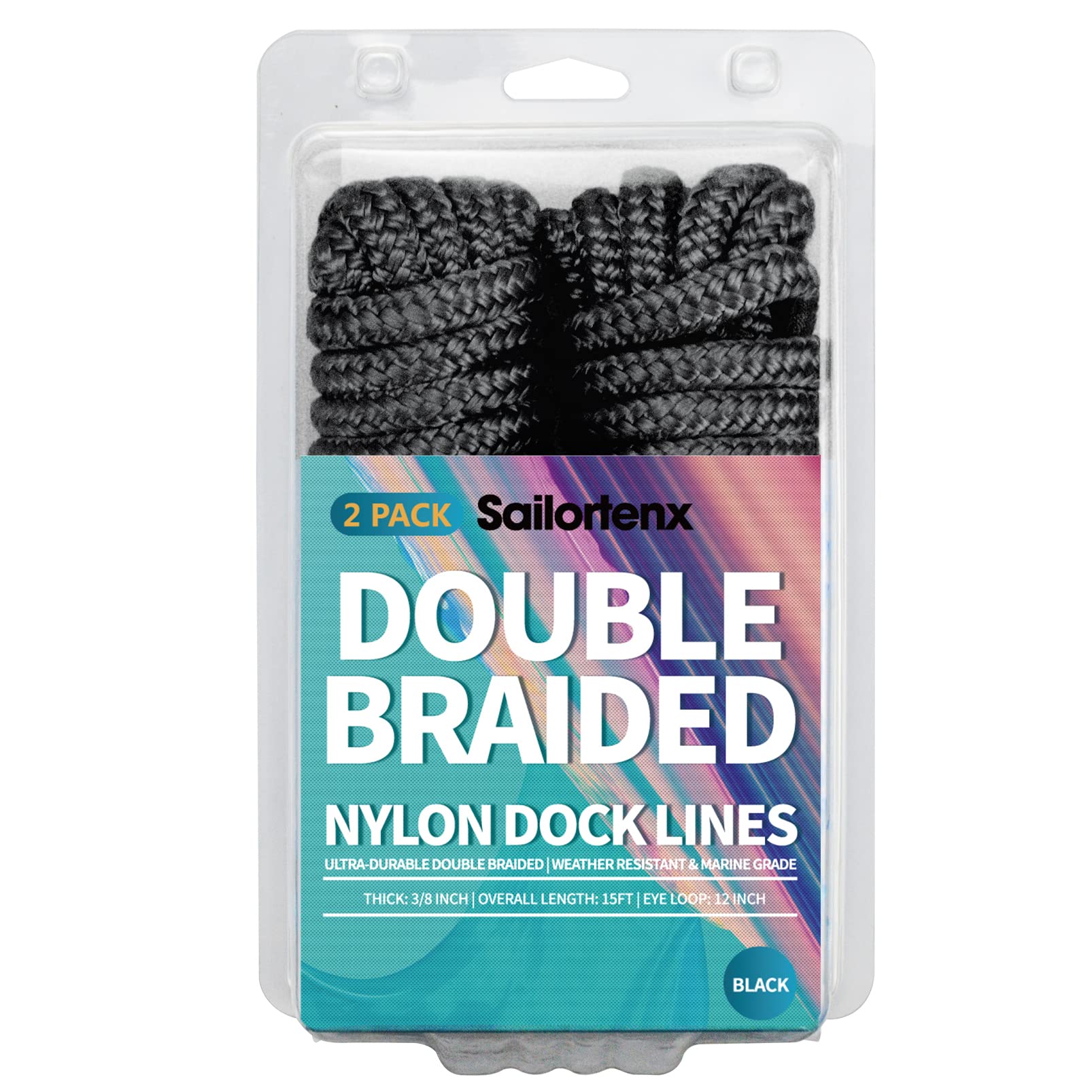 Sailortenx Boat Rope 2 Pack 3/8" x 15 FT - Dock Lines for Docking Double Braided Nylon Dock Ropes for Boats Mooring Marine Rope with 12" Eyelet Boats Lines for Small Sailboat, Ski Boat ect