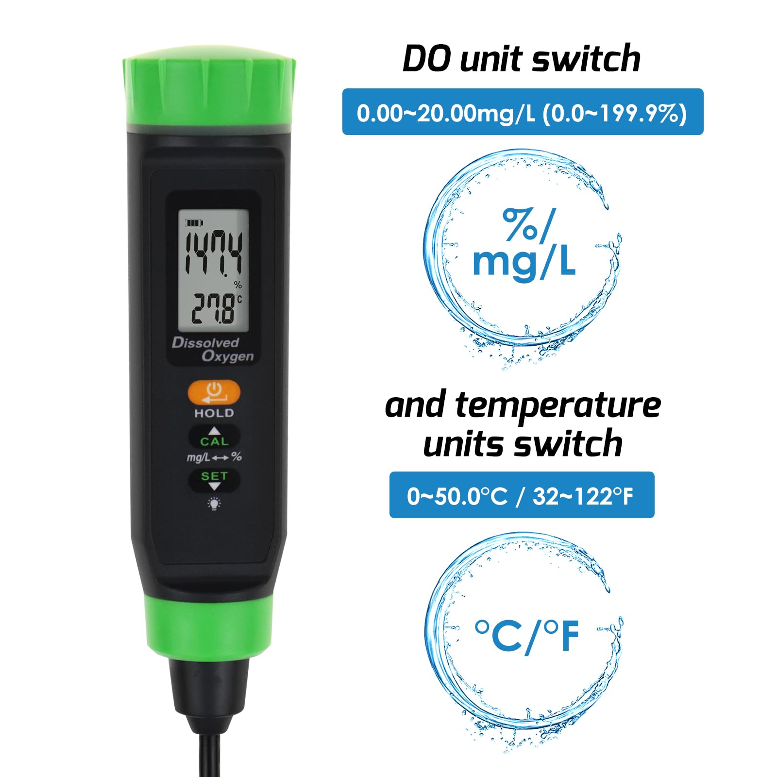 Digital Aufgelöst Sauerstoff Stifttyp Lang Kabel DO Meter ATC Wasser Qualität Prüfer mit Selbst Schwebend Sonde Lang Kabel Elektrode Und Niedrig Batterie Indikator