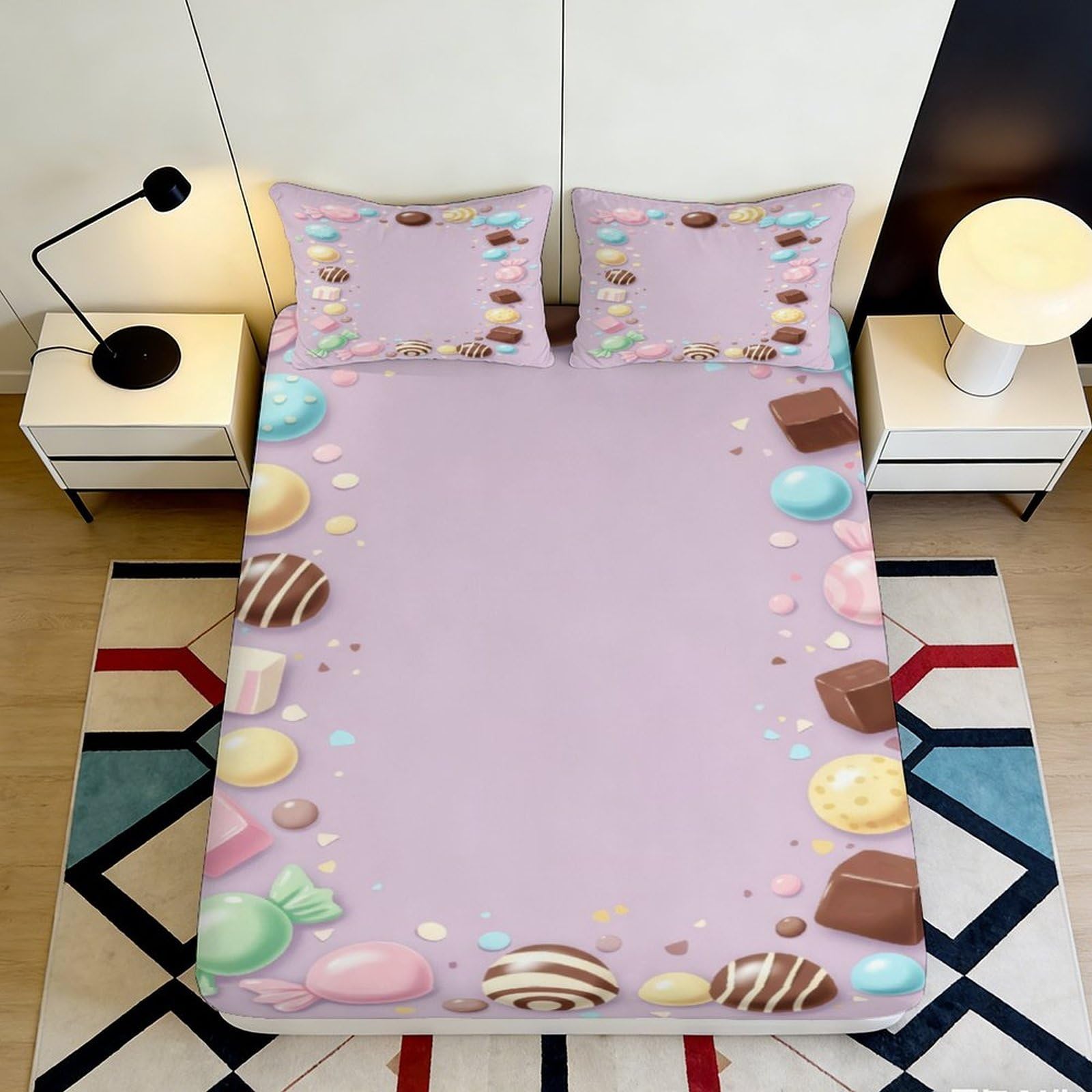 3D Printed Candy Dessert Fitted Sheet Microfiber Pastel Sweets Mattress Cover Anti-Slip Easy Care for Bedroom Dorm Home Decor 90x200x25cm