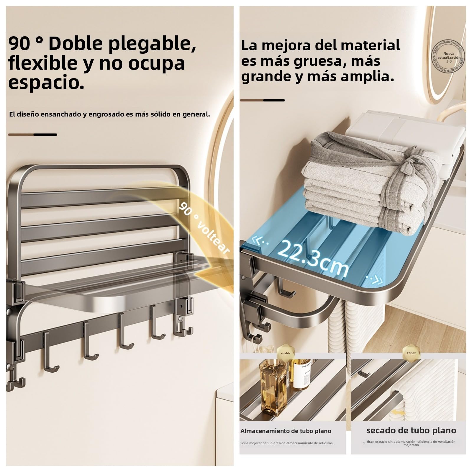 Toallero sin taladrar, toallero de baño Adhesivo, toallero de Pared con múltiples Ganchos, toallero de baño Cocina, 60 cm Gris