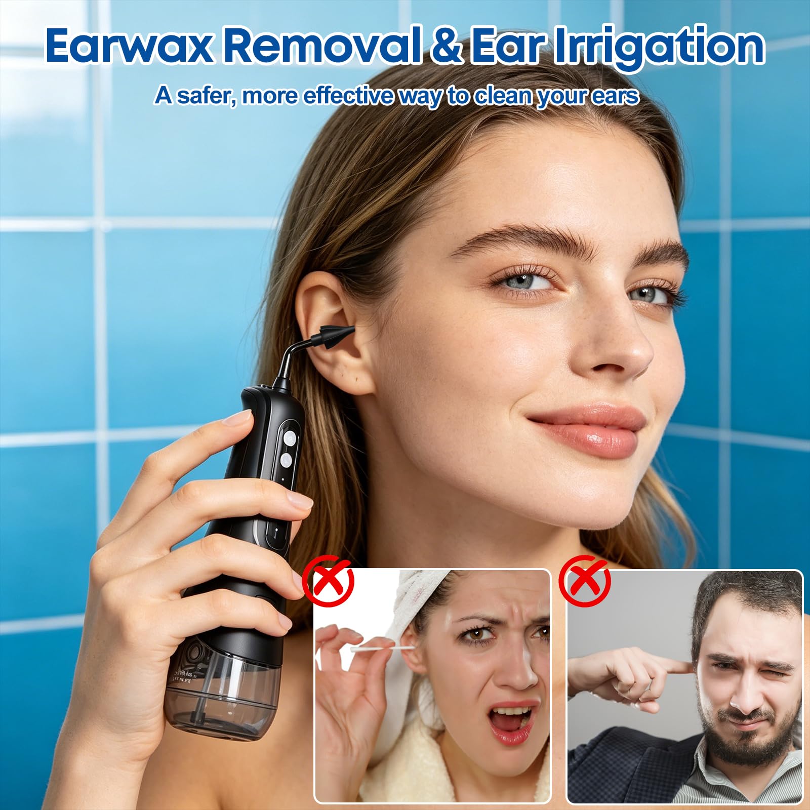 Pulitore elettrico dell'orecchio con 4 modalità di pressione, impermeabile IPX7, doccetta con 4 ugelli, risciacquo dell'orecchio per uso domestico, detergente per orecchie per bambini adulti, nero