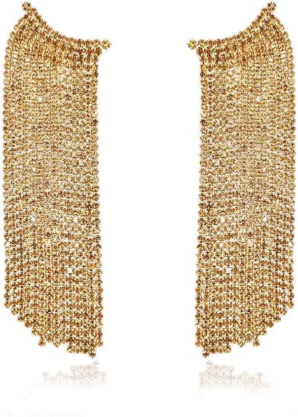 Uncle J Gold/Silver Rhinestone Crystal Long Tassel Dangle Earrings-Fringe Chain Chandelier Drop Earrings for Women, Wedding, Gifts