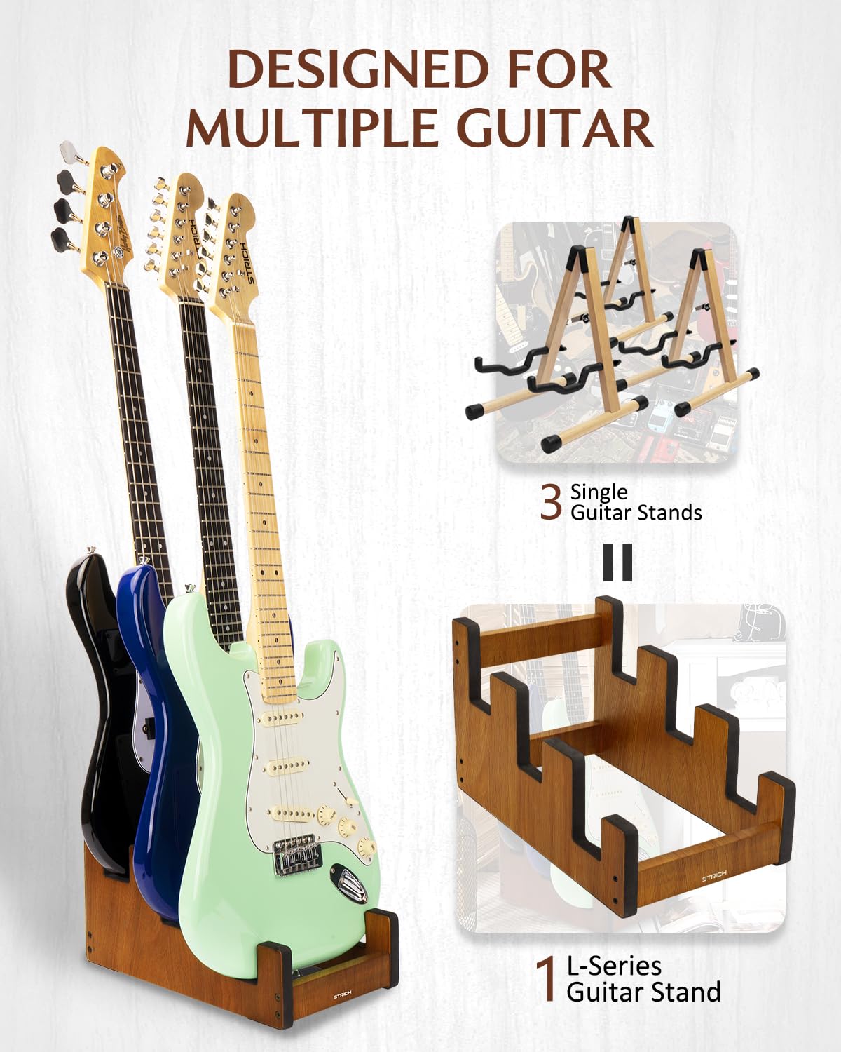 STRICH Support De Guitare En Bois Pour Plusieurs Guitares, Couleur Acajou, L-3EM (Pour 3 Guitares Électriques/Basses)