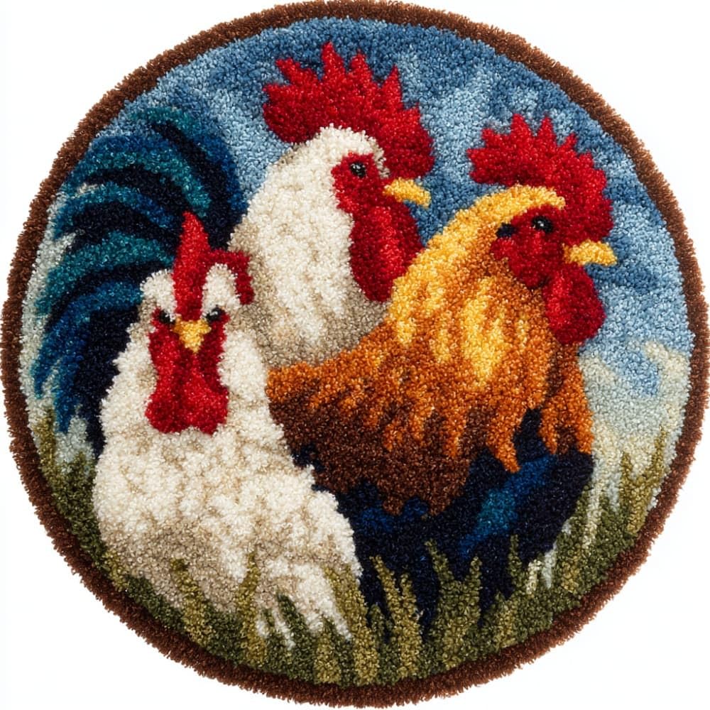Round Latch Hook Rug Kits Farm Roosters For Adults And Starter 50*50Cm