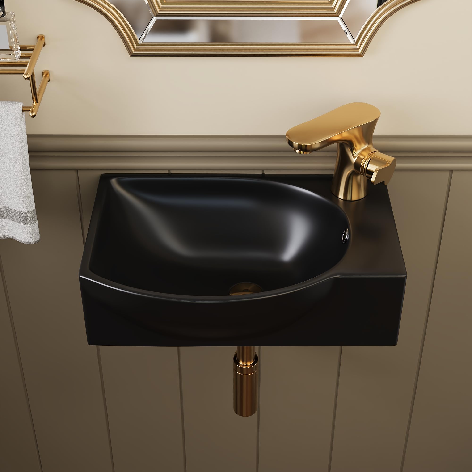 Wall Hung Caremic Basin, DeerValley Cloakroom Sink Compact Wall Mounted Corner Washbasin with Overflow and Tap Hole - 40 x 28 x14.5cm