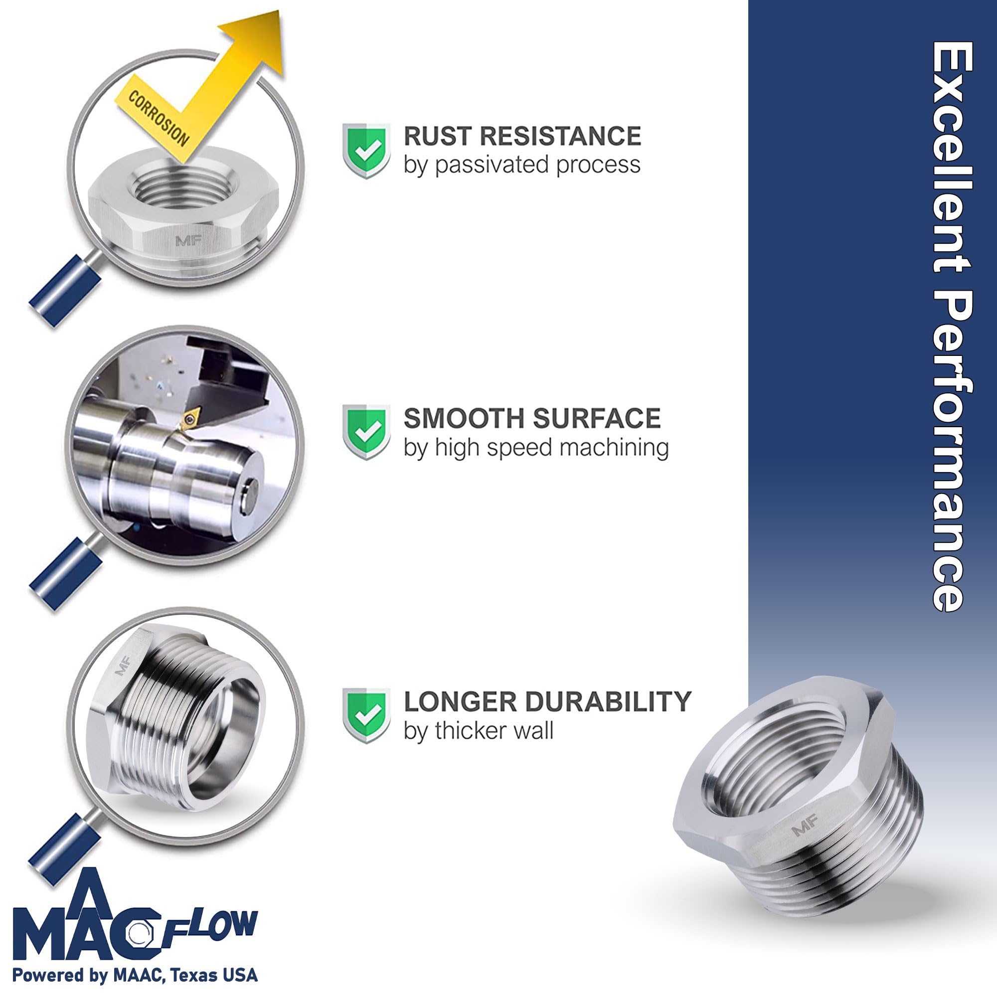 Reductor de buje hexagonal de acero inoxidable, NPT macho de 1/2 pulgada a NPT hembra de 1/4 pulgadas (paquete de 2)