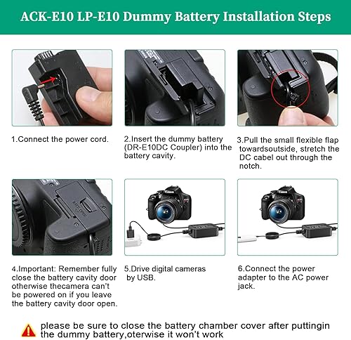 Miniatura 3 de TKDY ACK-E10 Cable USB Fuente de alimentación continua LP-E10 Batería ficticia DR-E10 Kit de acoplador DC para Canon EOS T7 T6 T5 T3, Kiss X50 X70