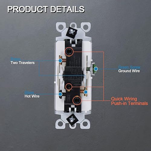 Miniatura 4 de Interruptor decorativo de pared de 3 vías con placas de pared, interruptor de paleta de encendidoapagado, acabado brillante, 15 amperios 120277