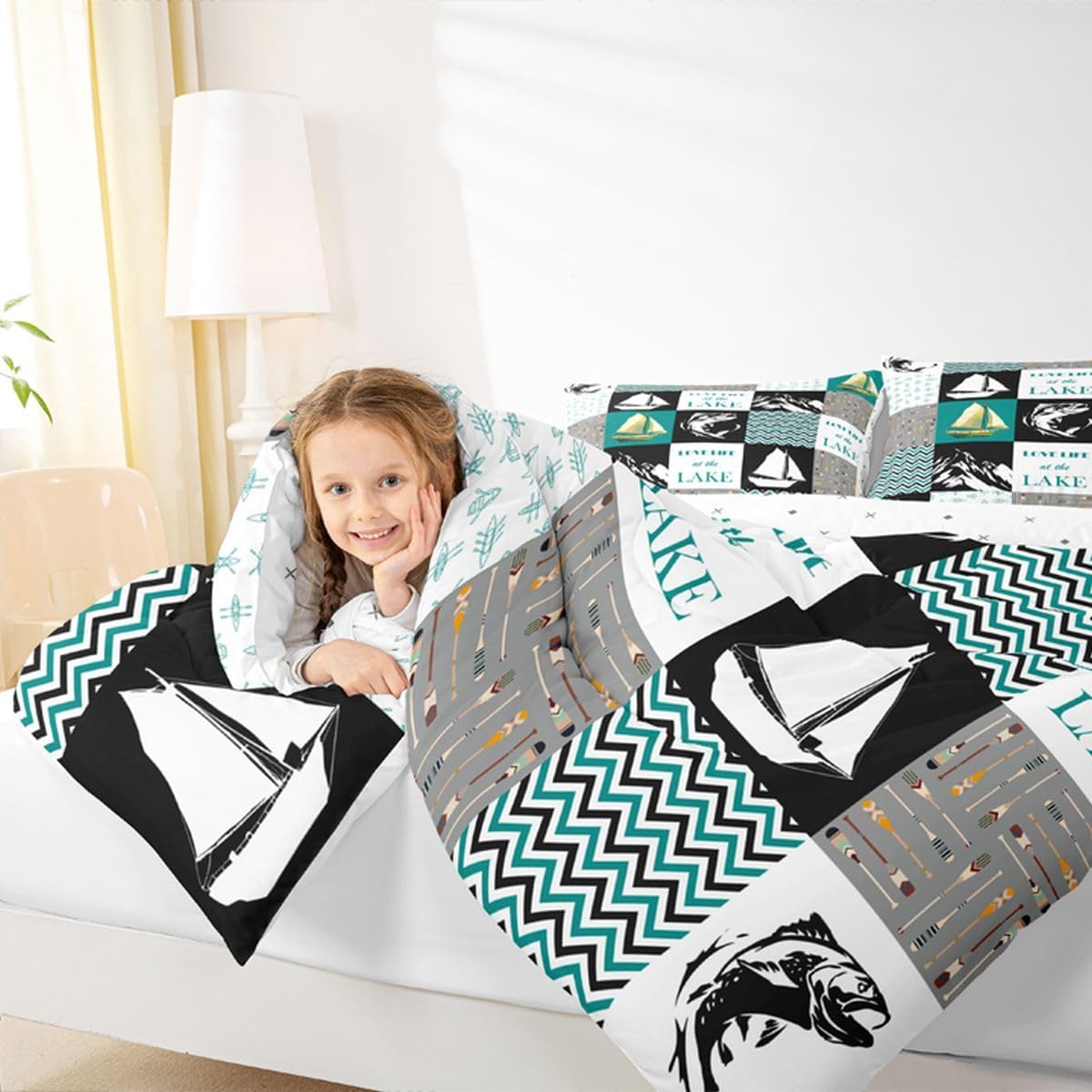 Love Lake Life Comforter Set, Lake House Bedding Set Twin Size, Retro Sailboat Rustic Down Comforter For Kids Boys Teens Adult, Hunting Fishing Plaid Patchwork Quilted Duvet, Blue White White