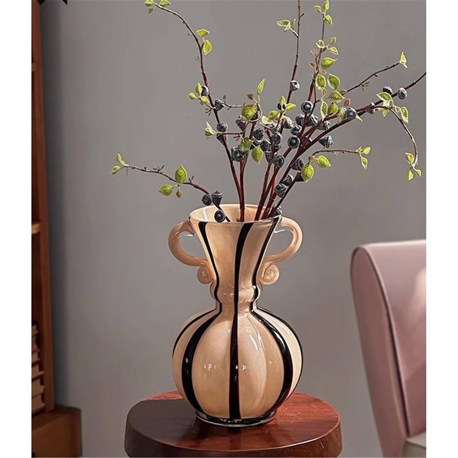 Decorazione Vaso in vetro retrò a strisce nere beige, alto 26 cm e largo 17 con manici Fiore