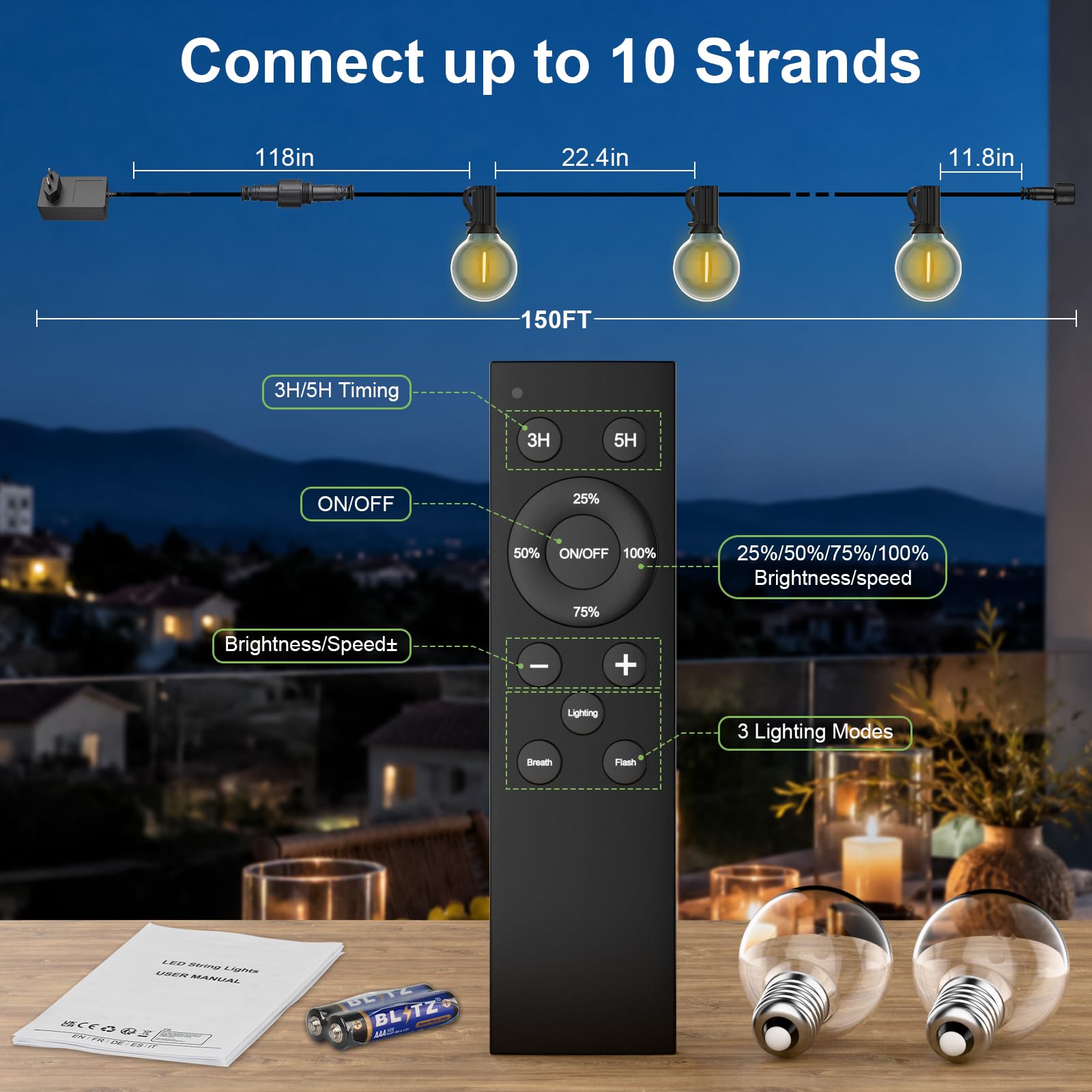 FARNY Guirlande Guinguette Exterieure Dimmable 45M, Guirlande Lumineuse Exterieur avec Télécommande, 75+2 G40 Ampoules Incassables, Imperméable Blanche Chaude Guirlande Lumières pour Jardin